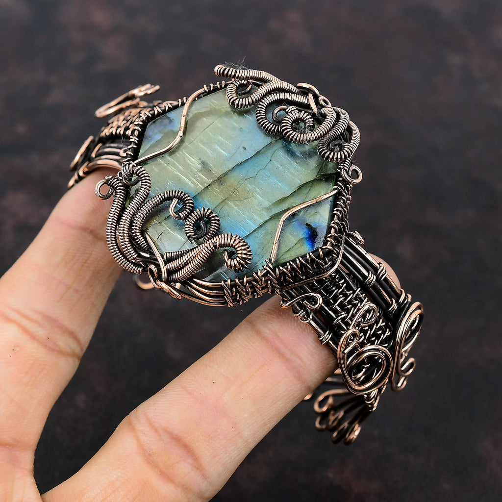 Green Swiss Opal Gemstone Bangle Copper Wire Wrapped Adjustable Cuff Bracelet