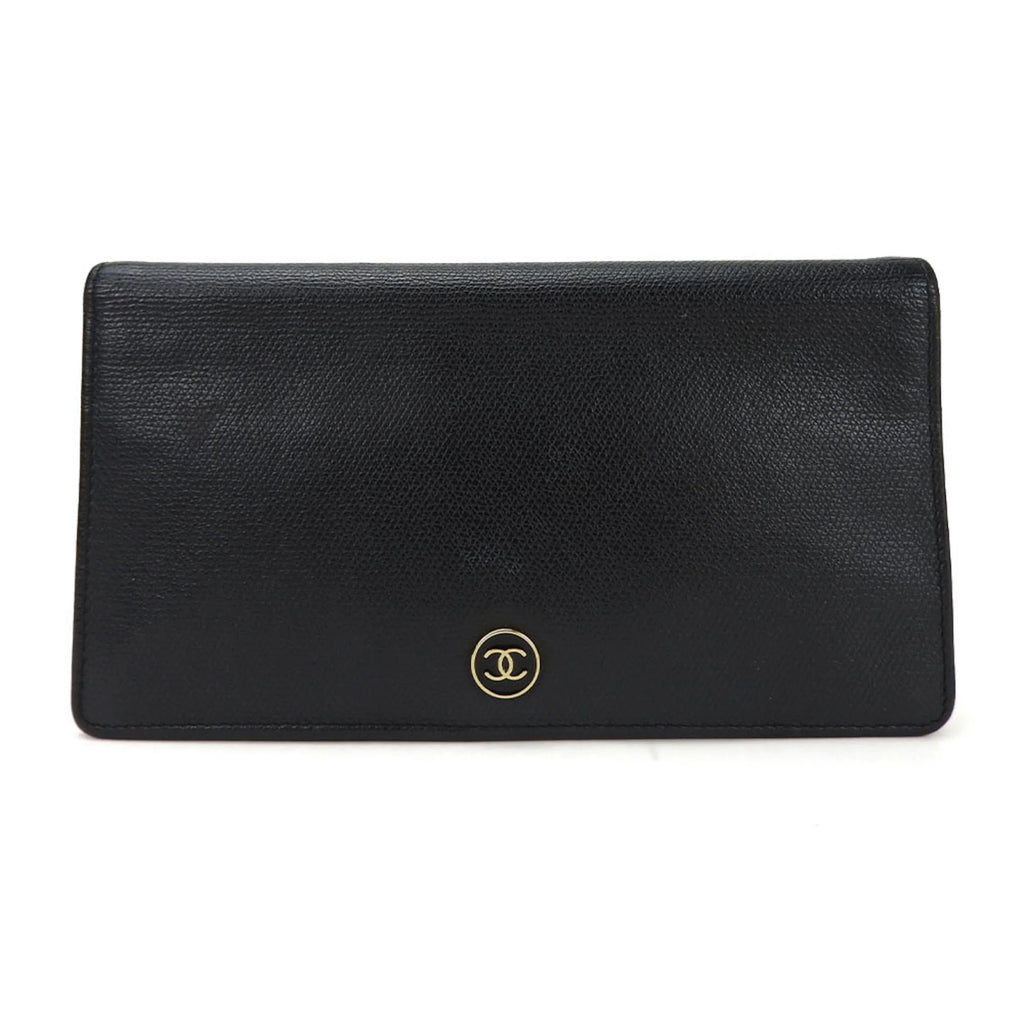 Secondhand CHANEL bifold long wallet A20904 1 Coco button black leather accessories ladies coco (Good)