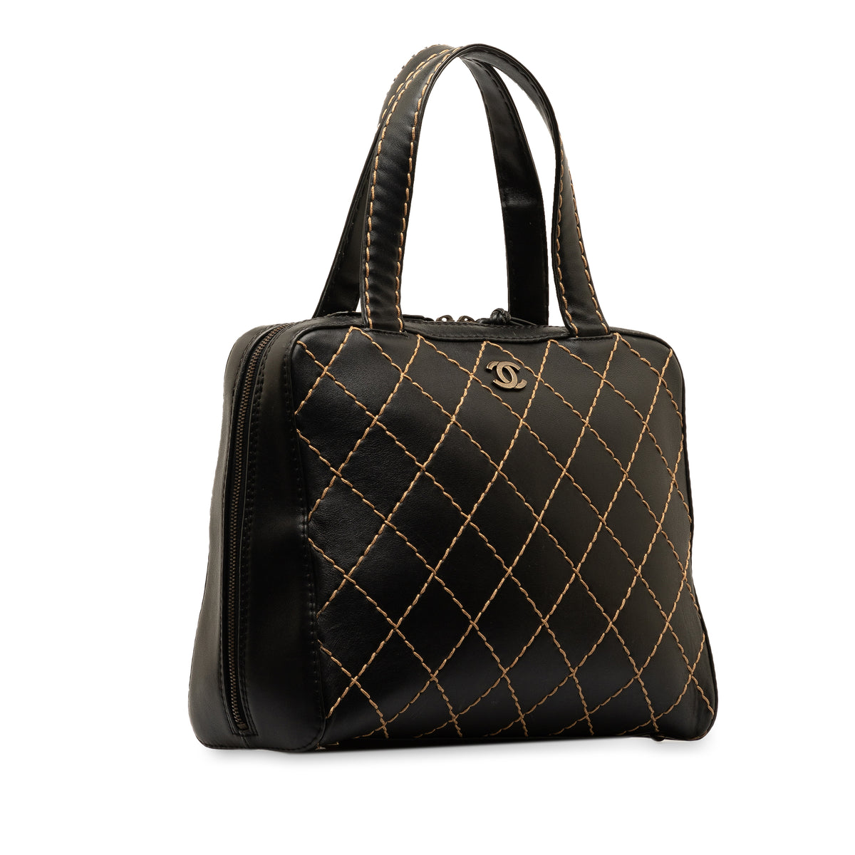 Used Authenticated Chanel CC Wild Stitch Handbag Lambskin Leather Black Top HandleBag Unisex (Good)