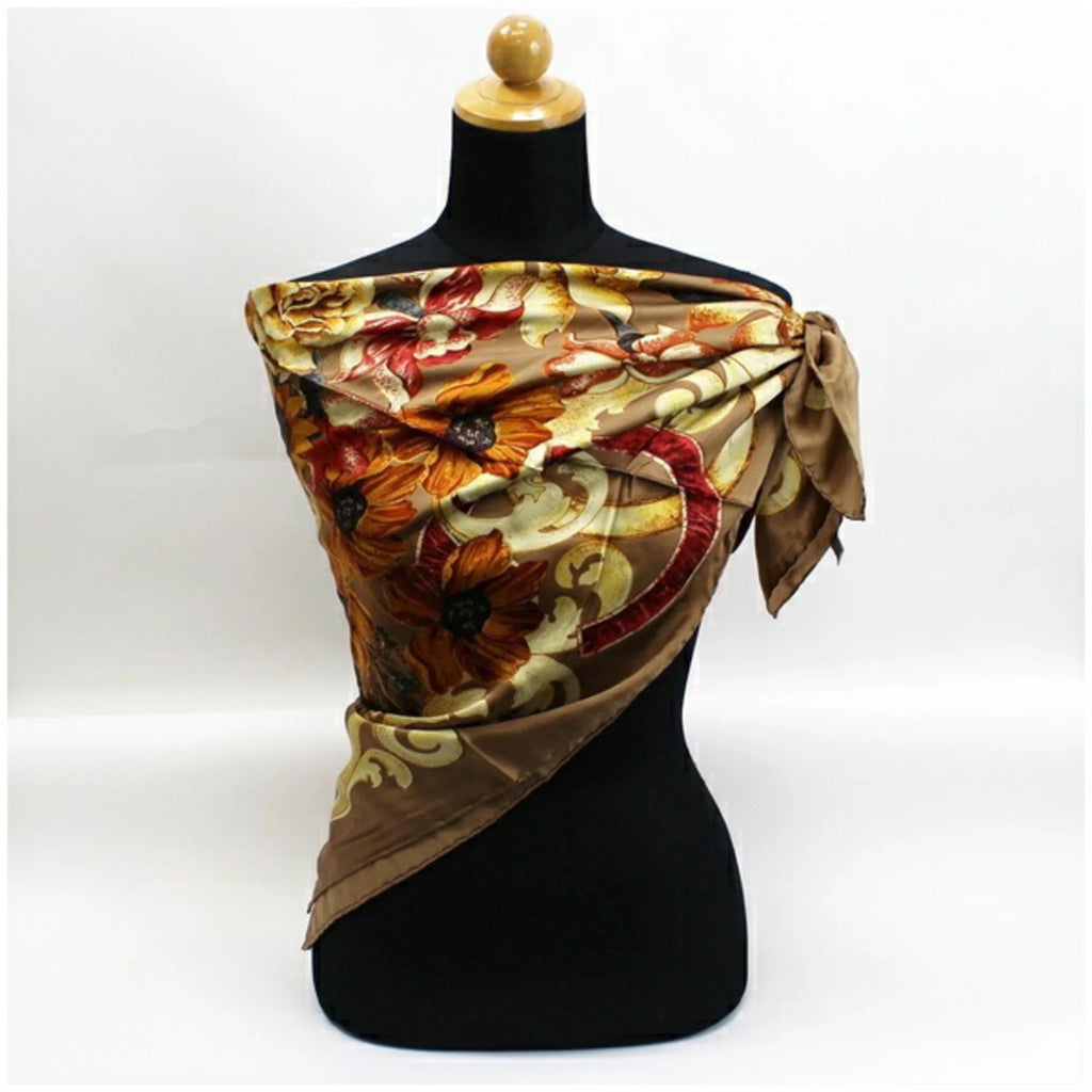 Previously Owned Chanel Silk Scarf Muffler Coco Mark Sunflower. Bird. Brown CHANEL Ladies (New)