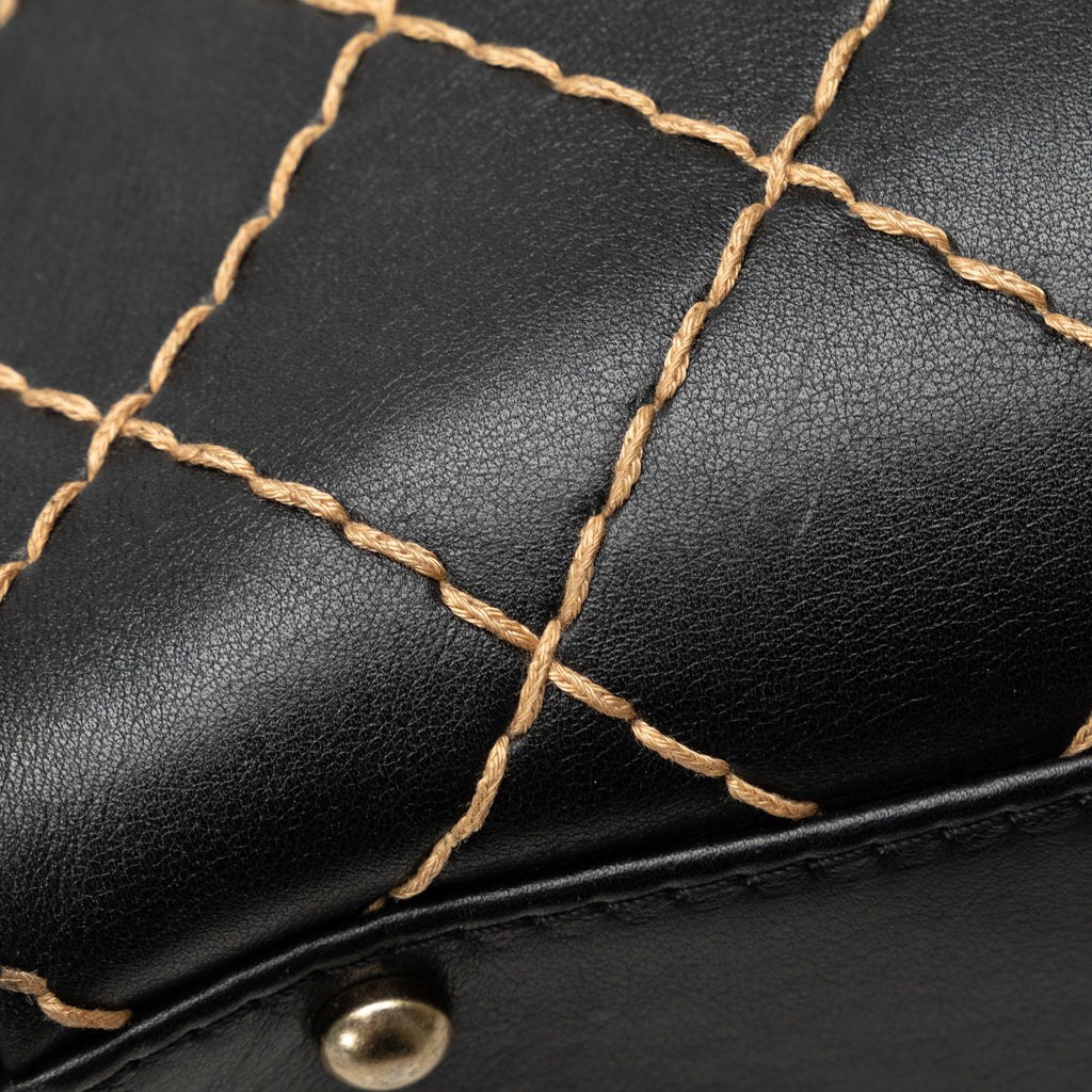 Used Authenticated Chanel CC Wild Stitch Handbag Lambskin Leather Black Top HandleBag Unisex (Good)