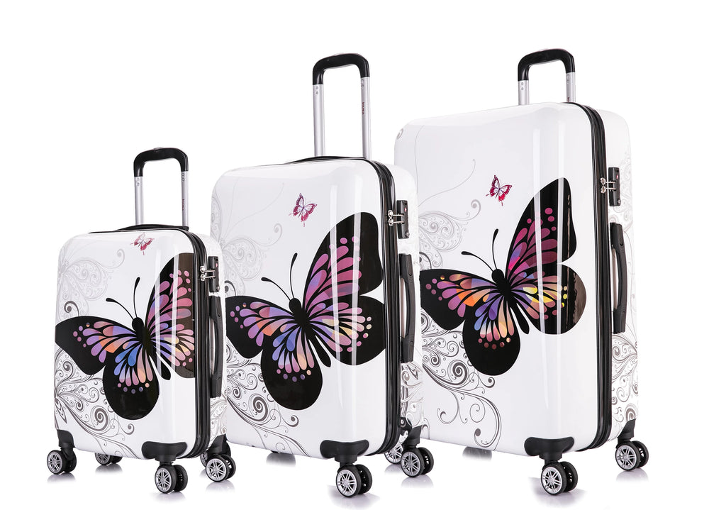 InUSA Print 3-Piece Hardside Luggage Sets with Spinner Wheels, Handle, Trolley, (20"/24"/28"), Butterfly
