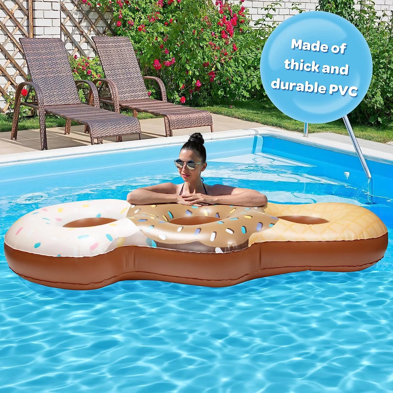 Aquamazing Ice Cream Cone Giant Inflatable XL Swimming Pool Float Tube for Kids, Adults- Huge 7 Ft Long - Mesh Sections Seats 3 People - Perfect for Summer