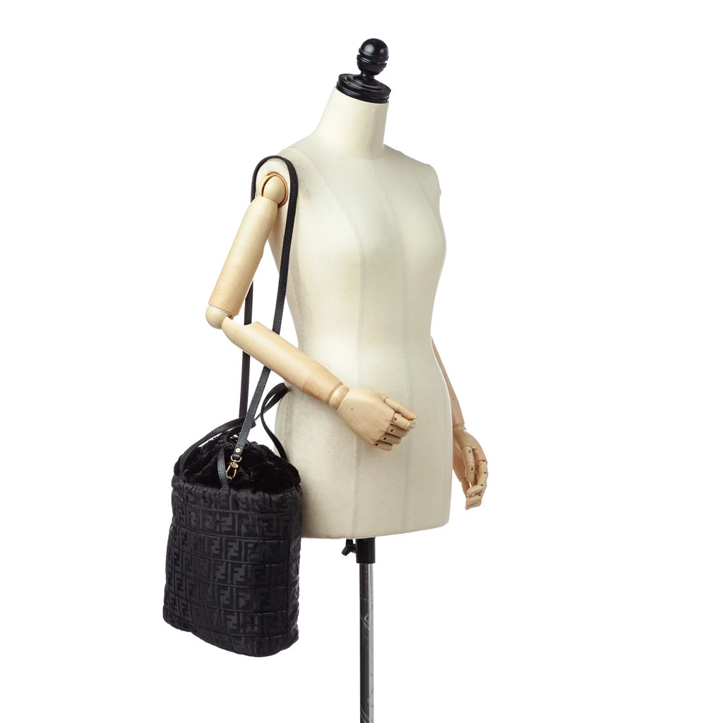 Previously Owned Fendi Zucca Drawstring Tote Bag Nylon Fabric Black Satchel Women (Good)