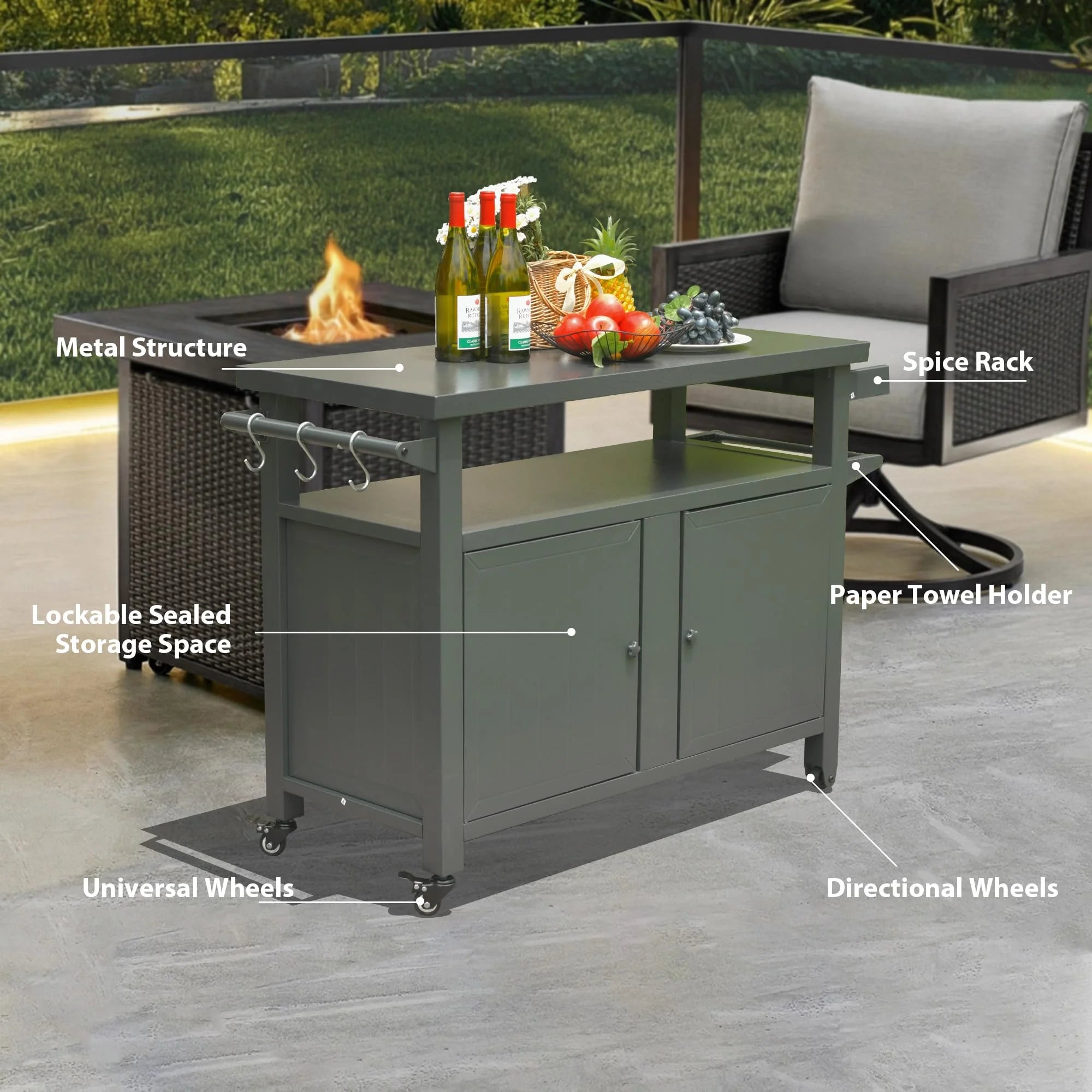 CoSoTower Grill Carts Outdoor Storage Cabinet with Wheels, Metal Outdoor Grill Table Kitchen Dining Table Cooking Prep BBQ Table for Patio, Kitchen Island, Home Party, Bar (Grey)