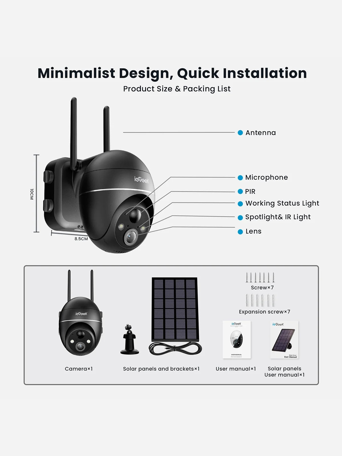 Solar Outdoor Wireless Security Camera WiFi, Spotlight & Siren, PTZ 360° View, 2K/3MP Color Night Vision, Outdoor Surveillance Camera with PIR Motion Detection, Work with Alexa