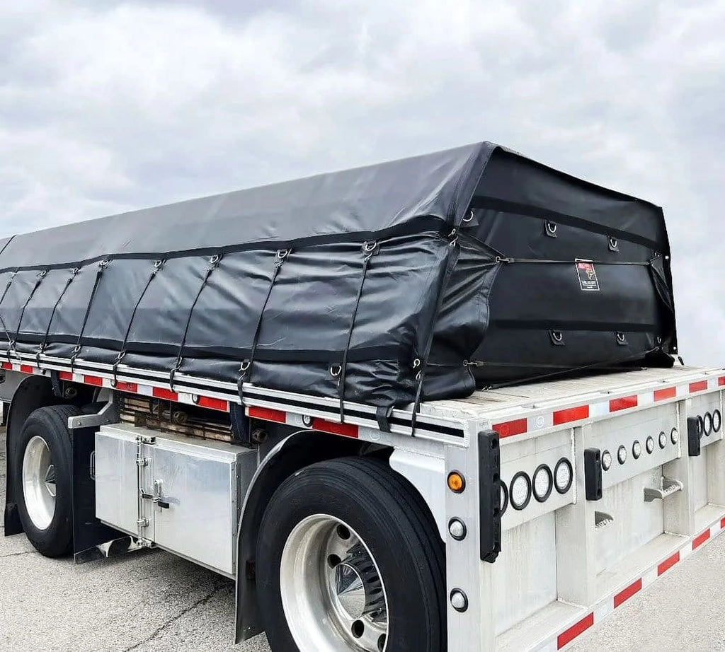 24' x 18' Black Metal Tarp for Heavy Duty Truck Cargo - 14 Oz Vinly Lightweight Flatbed Tarps with 8' Drop - Waterproof Tarp for Trailers to Protect Cargo from Wind, Rain, Snow and Sun