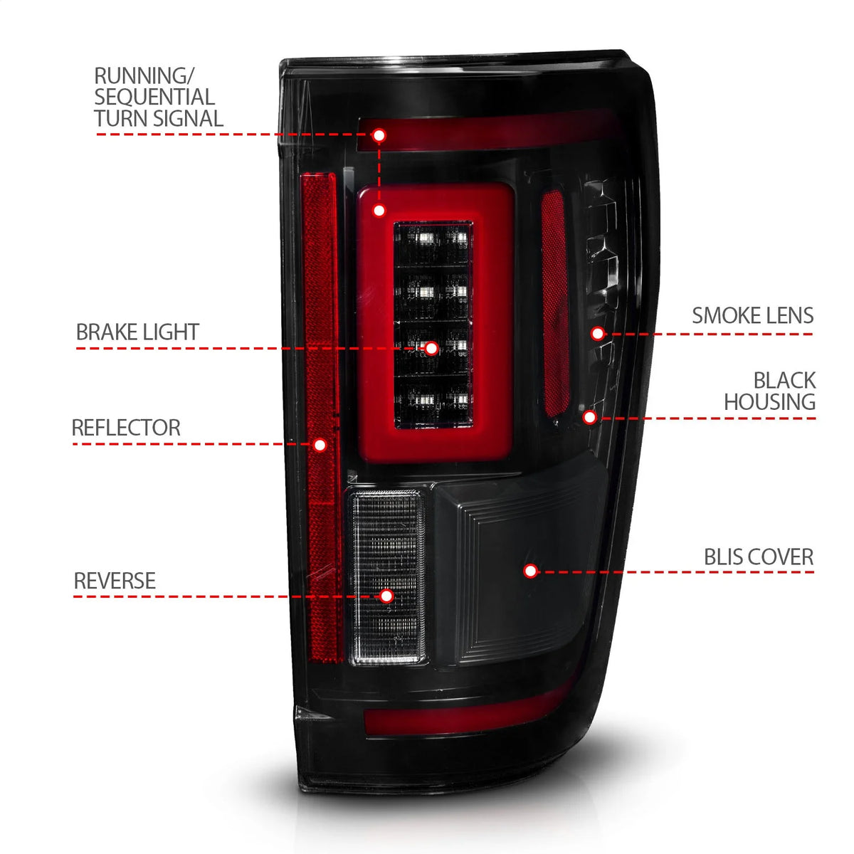 ANZO 21-23 Ford F-150 LED Taillights Seq. Signal w/BLIS Cover - Black Smoke Fits select: 2022 FORD F150, 2021 FORD F150 SUPER CAB