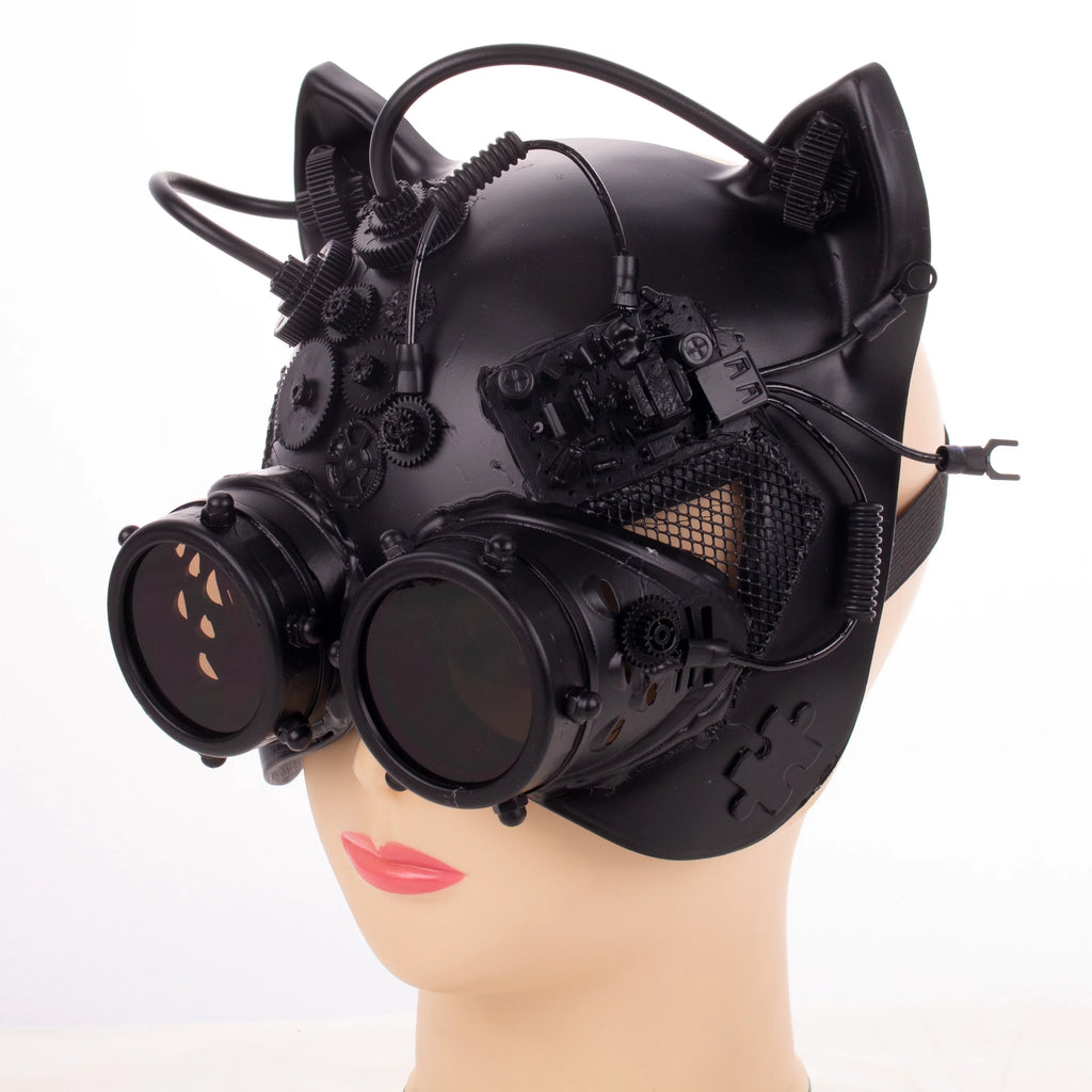 Kbw Black Steampunk Kitty Cat For Her Costume Half Mask with Goggles Masquerade