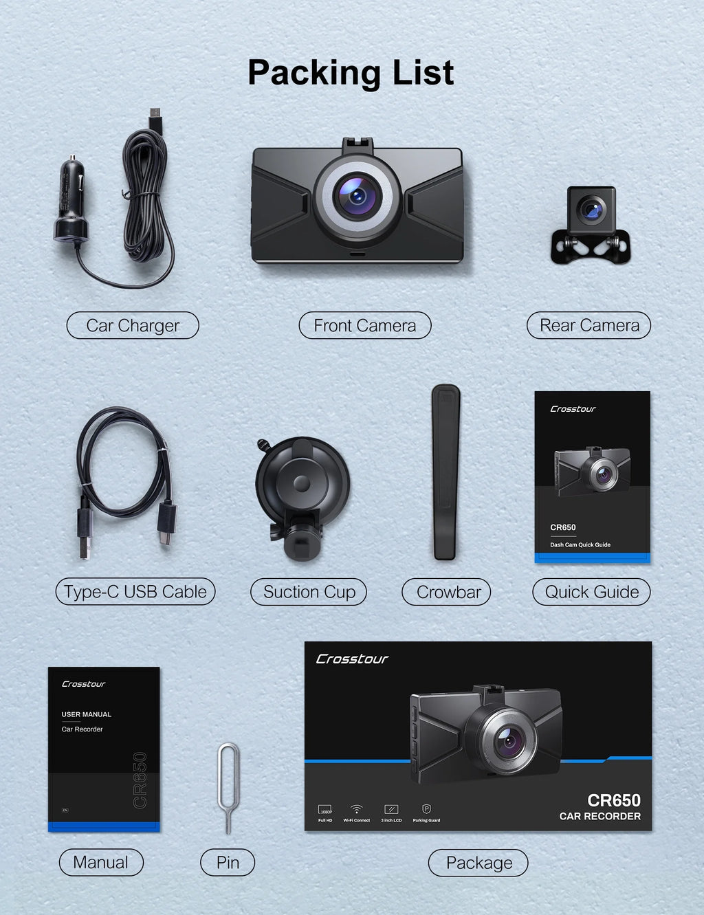 Dash Cam 1080P Full HD Front and Rear 3 Inch Car Cam 170°Wide Angle Screen, Black