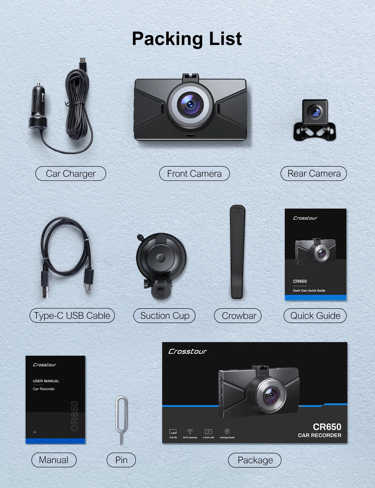 Dash Cam 1080P Full HD Front and Rear 3 Inch Car Cam 170°Wide Angle Screen, Black