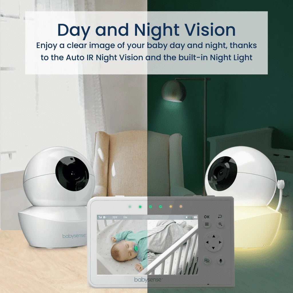 Babysense Split Screen Video Baby Monitor, 4.3" Display with 2 PTZ Cameras, Long Range, Night Light & Vision, Two-Way Talk, V43