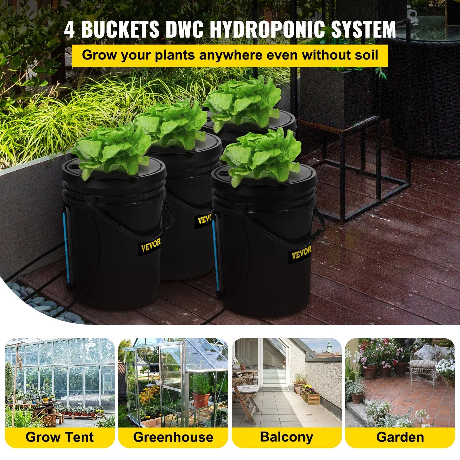 VEVOR DWC Hydroponic Grow Kit, 5-Gallon, 4-Bucket System with Pump, Air Stone & Water Level Indicator for Indoor/Outdoor Leafy Vegetables
