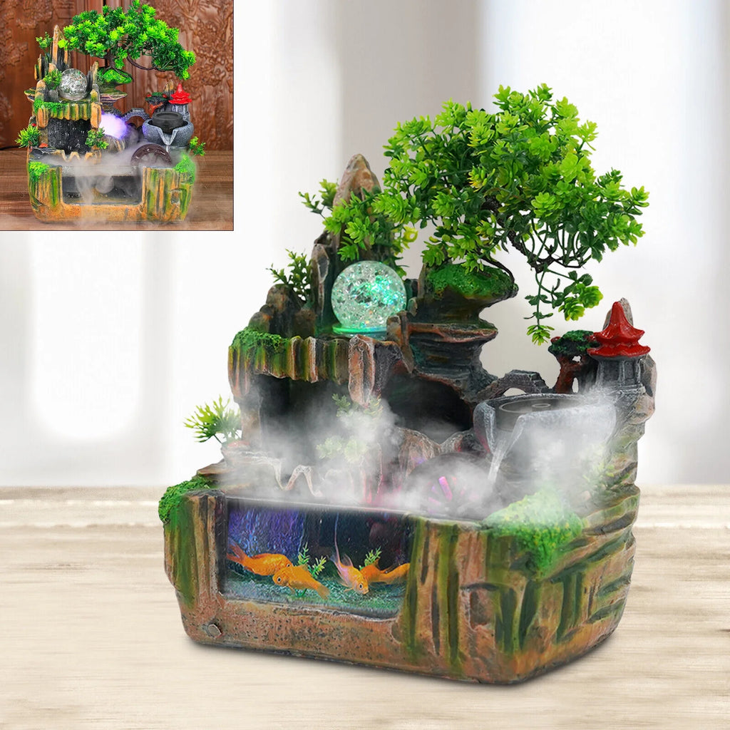 Classical Rockery Fountain with Led Lamp Glass Ball for Indoor Decor + Atomizer