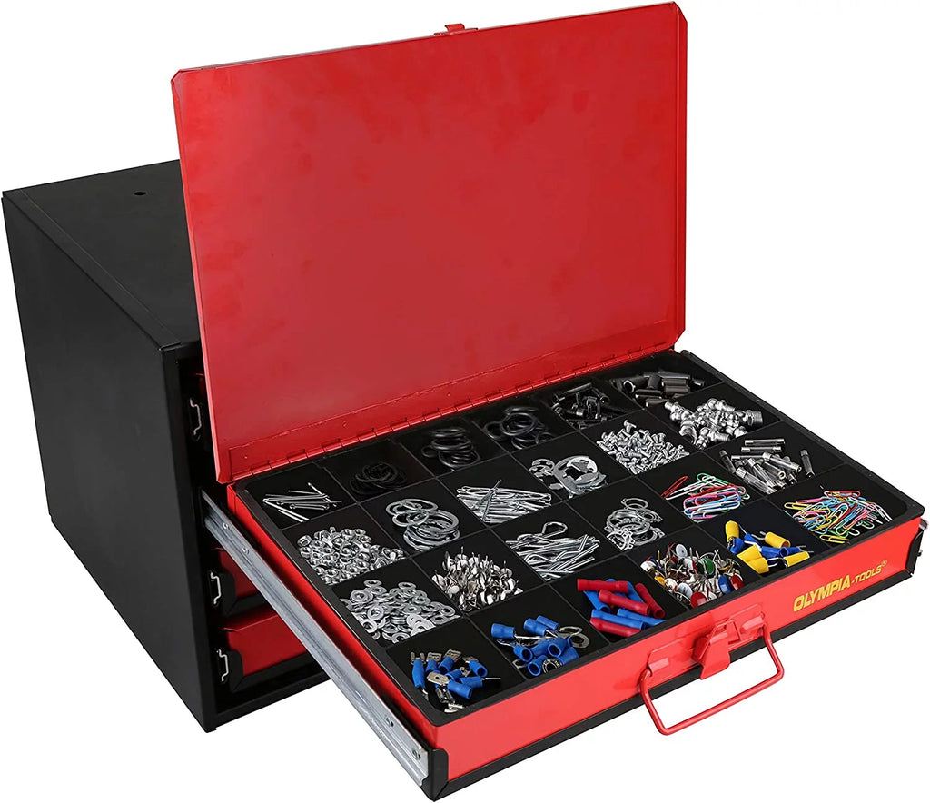 QCAI 90-806 4-Drawer Hardware Organizer includes 2500-pieces Small Hardware, black/red