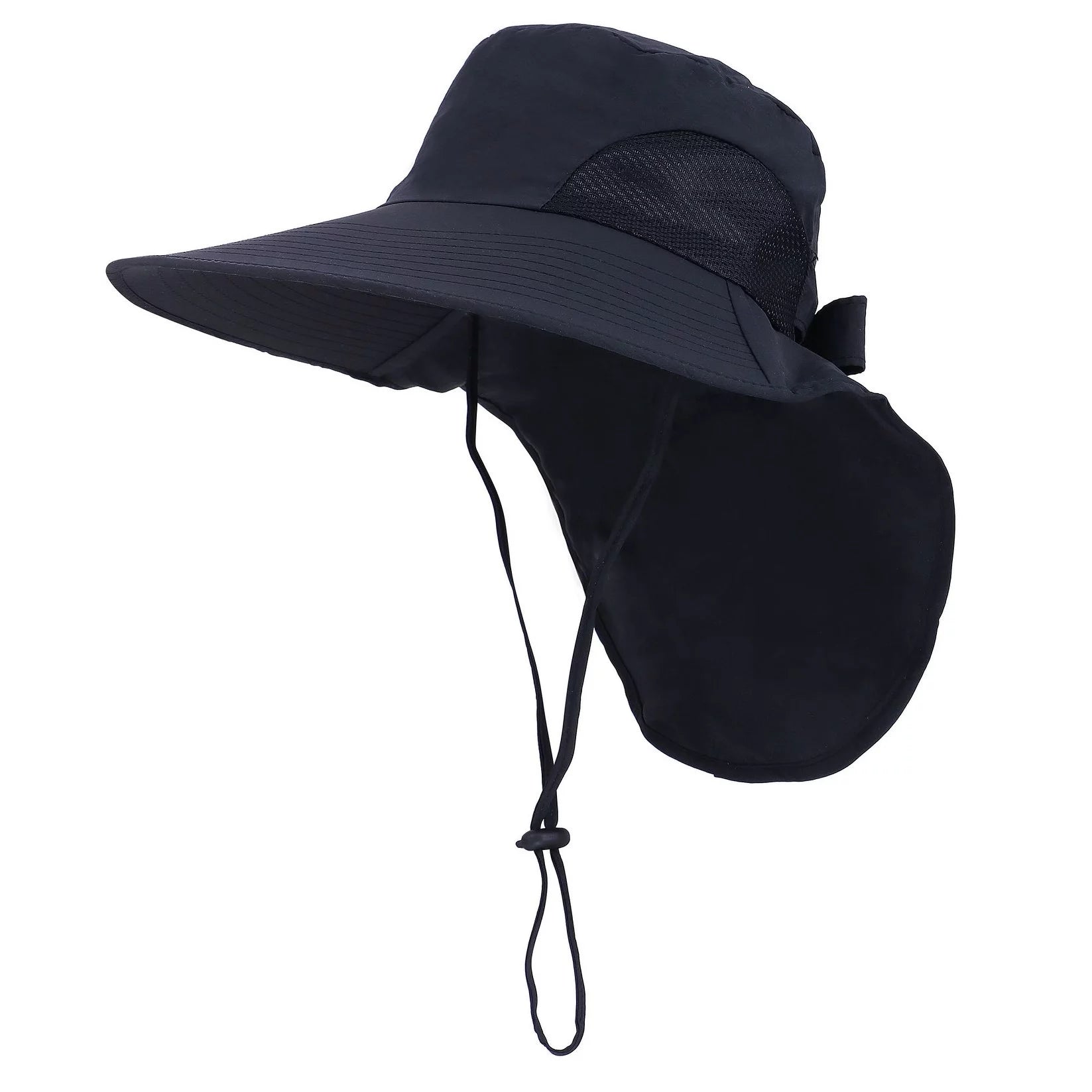 Womens Foldable Flap Cover UPF 51+ UV Protective Wide Brim Bucket Sun Hat Black