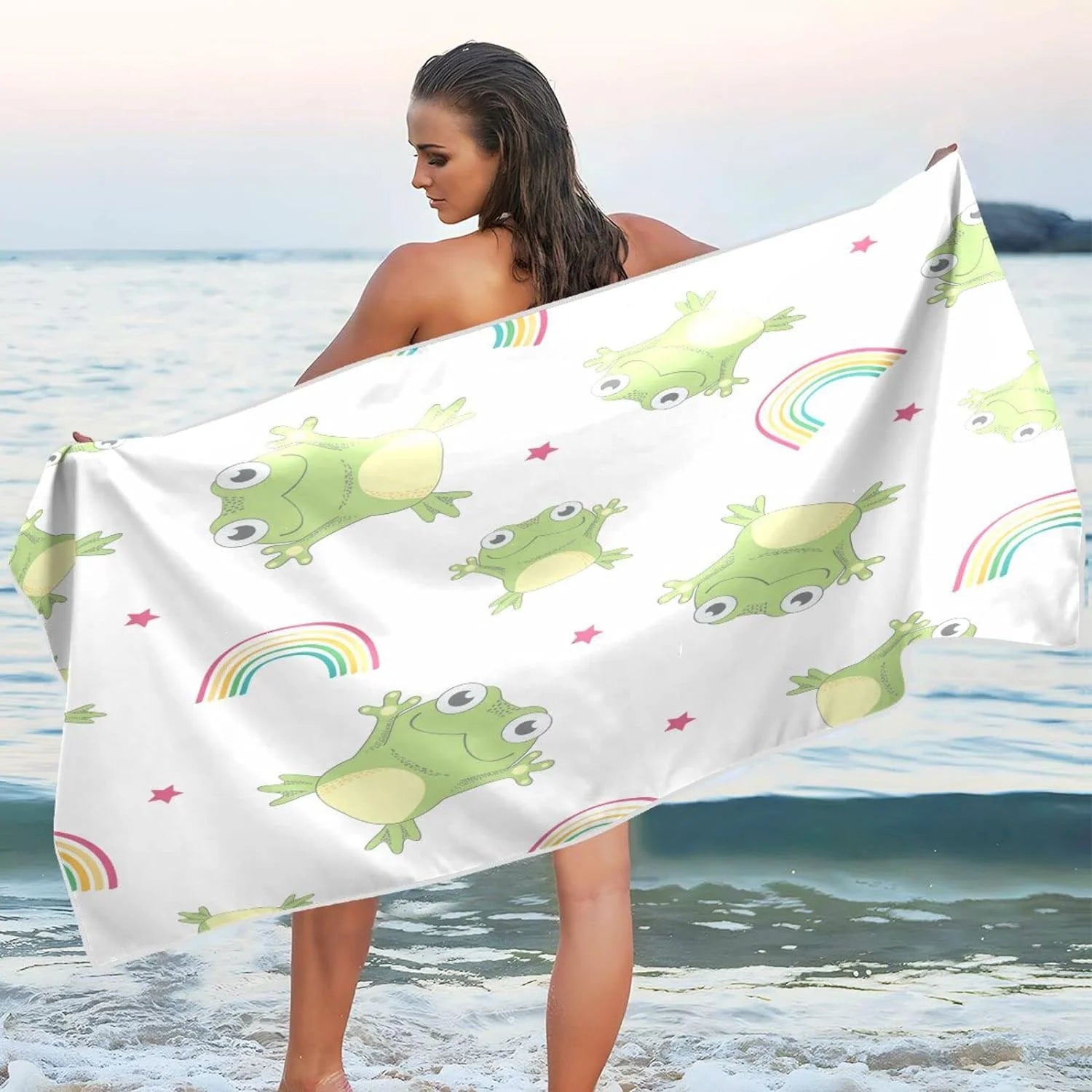 Bestwell Cartoon Frogs Beach Towel Oversized Towel Blanket, Thin Lightweight Microfiber Sand Free Quick Dry Towel, 31”X71” Multipurpose Pool Bath Yoga Swim Shower Towel