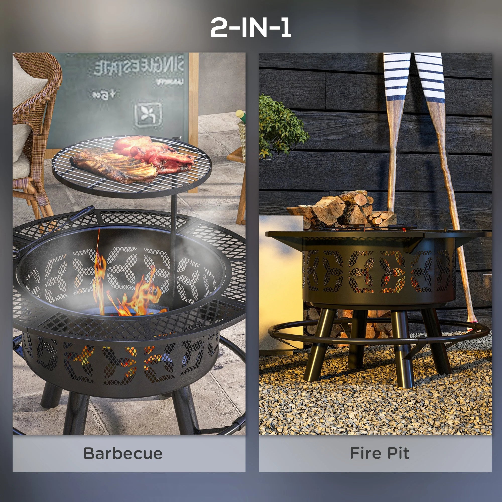 Capri 33" Outdoor Fire Pit BBQ Grill Wood Burning Firepit with Adjustable Cooking Grate and Poker, Round, for Backyard, Patio, Picnic, Black