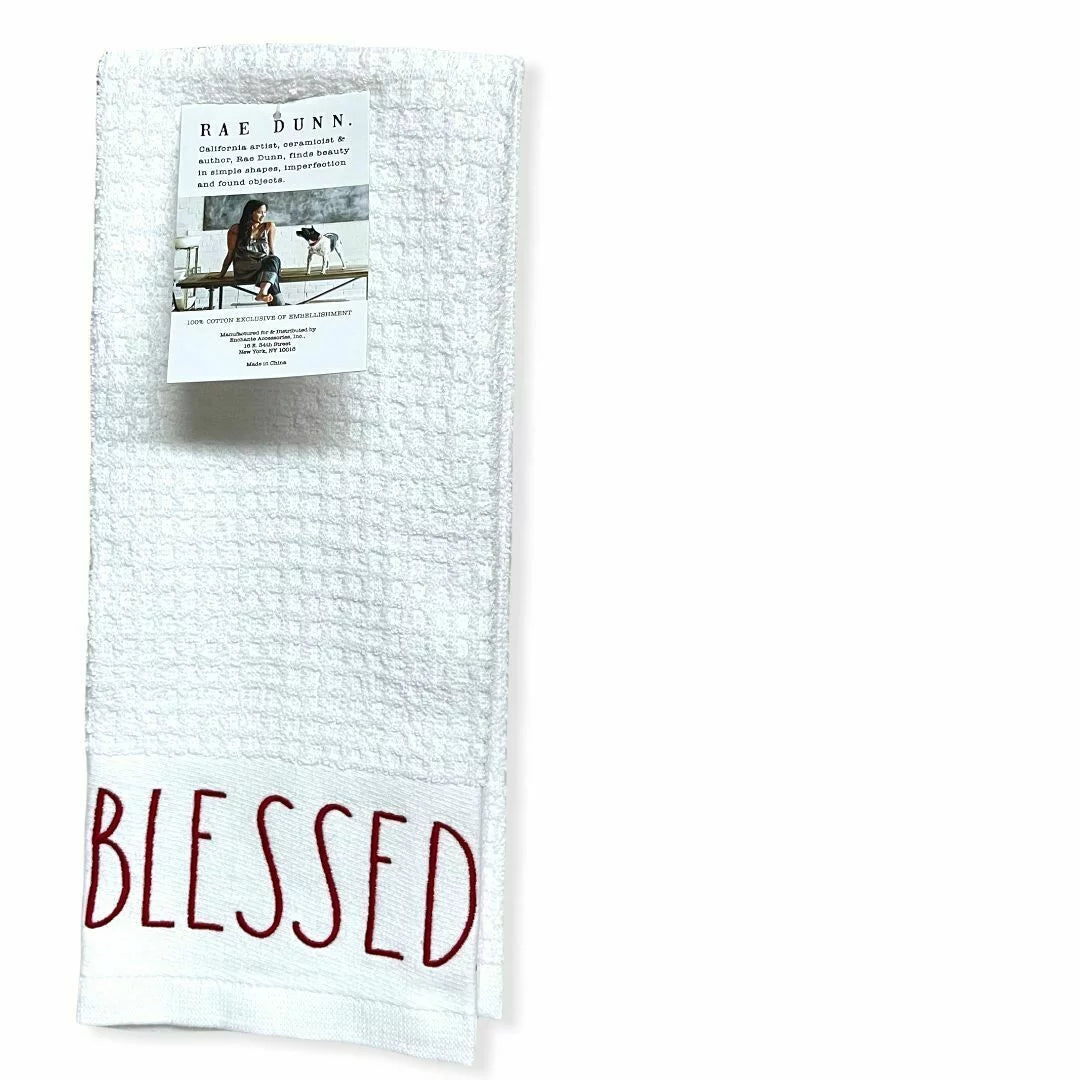Rae Dunn BLESSED White Kitchen Towels Red LL lettering Set of 2  Christmas Holiday