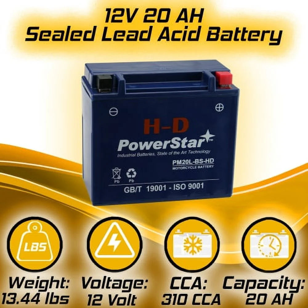 PowerStar Battery YTX20L-BS Battery Replaces Yamaha 1300 XVS13AY V Star, Stryker 2017 Brand Product