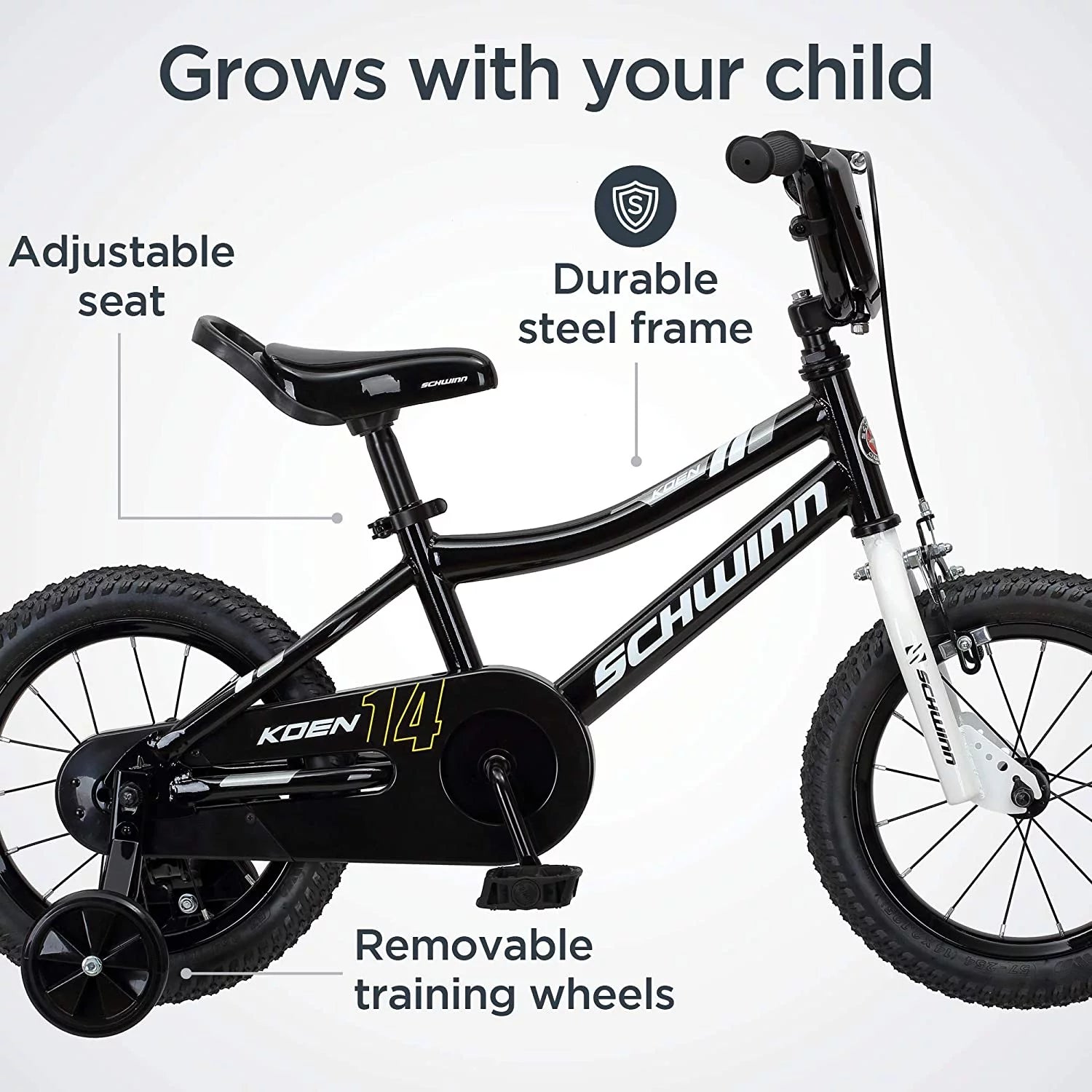 Schwinn Koen Boys Bike for Toddlers and Kids, 14 inch Wheels for Ages 2 Years and Up, Black, Training Wheels, Adjustable Seat