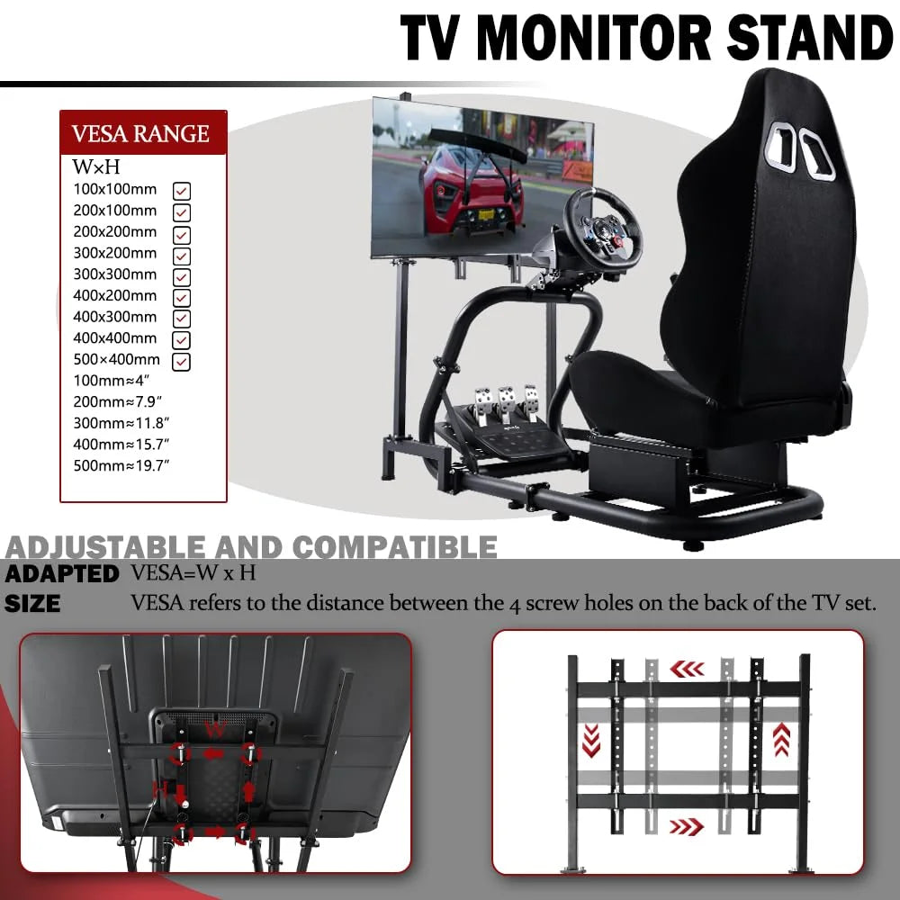 Supllueer G29 Racing Sim Cockpit with TV Stand & Seat Fit Logitech G923 G920 Fanatec Thrustmaster