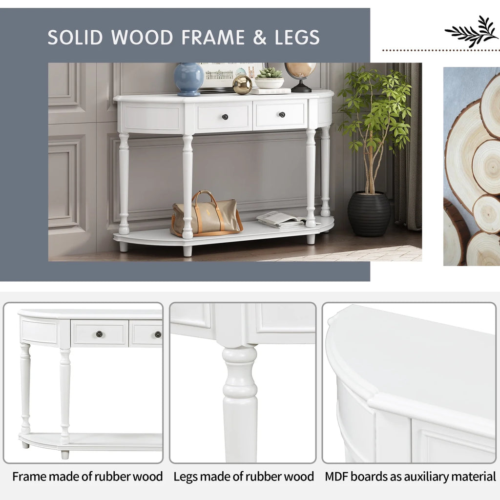 TREXM Retro Circular Curved Design Console Table with Open Style Shelf Solid Wooden Frame and Legs Two Top Drawers (White  OLD SKU  WF298768AAK)