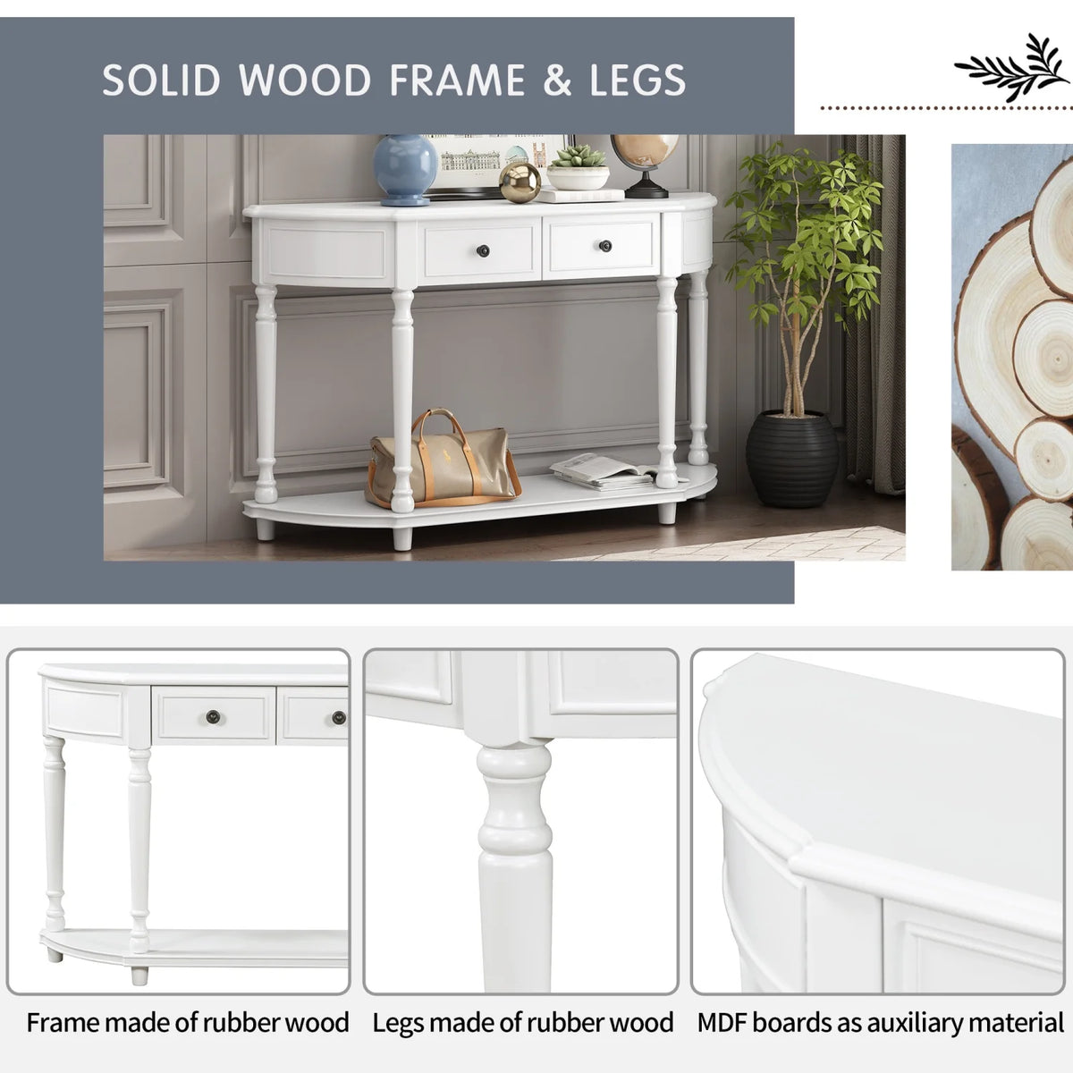 TREXM Retro Circular Curved Design Console Table with Open Style Shelf Solid Wooden Frame and Legs Two Top Drawers (White  OLD SKU  WF298768AAK)