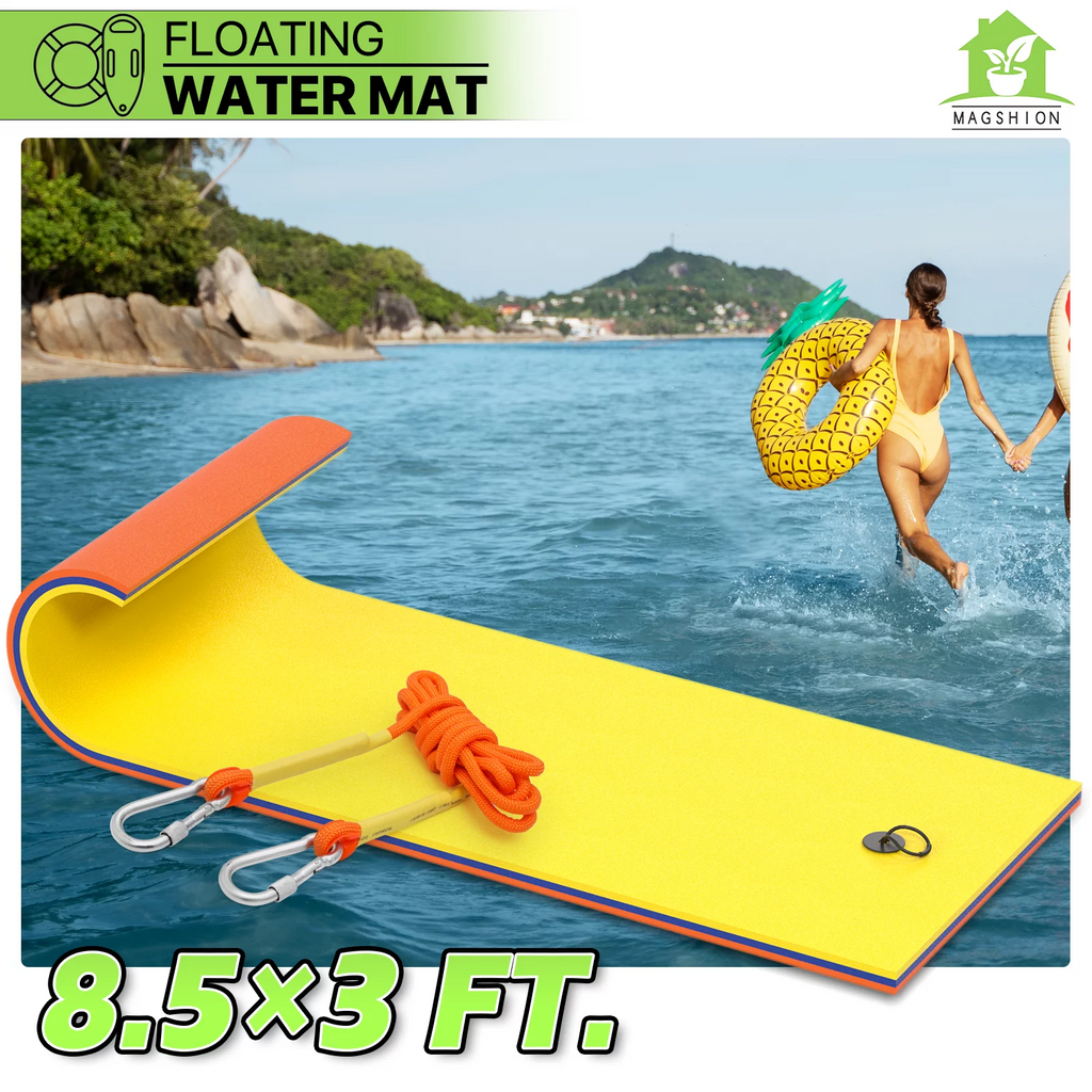 Magshion 9' x 3' Water Floating Mat, 3-Layer Tear-Resistant XPE Foam Water Floating Pad Lily Pad for Pool Lake River Ocean Outdoor Water Activities, Yellow