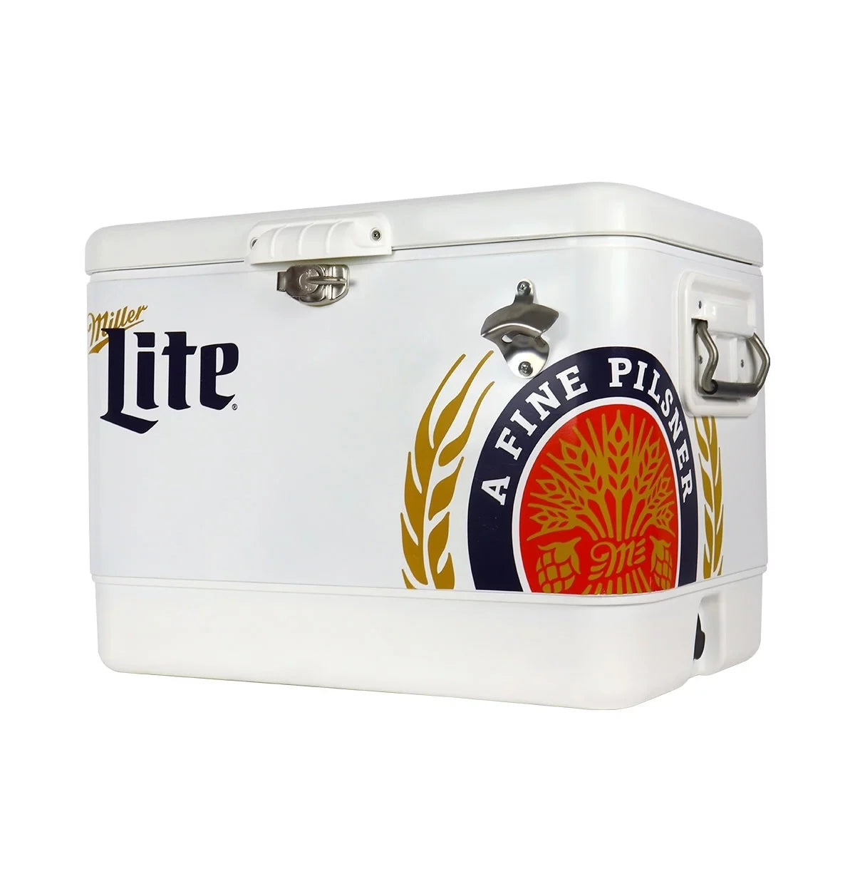 Miller Lite Ice Chest Beverage Cooler with Bottle Opener, 51L (54 QT), 85 Can Metal-belted Portable Cooler, White and Blue, for Camping, Beach, RV, BBQs, Tailgating, Fishing
