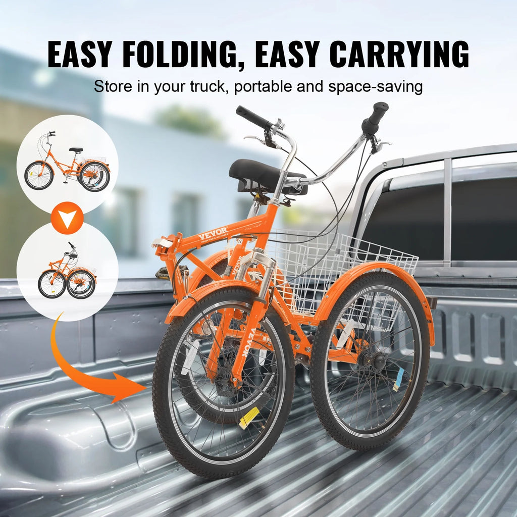 SKYSHALO Folding Adult Tricycle 24" 7-Speed Adult 3 Wheel Trike Carbon Metal Orange