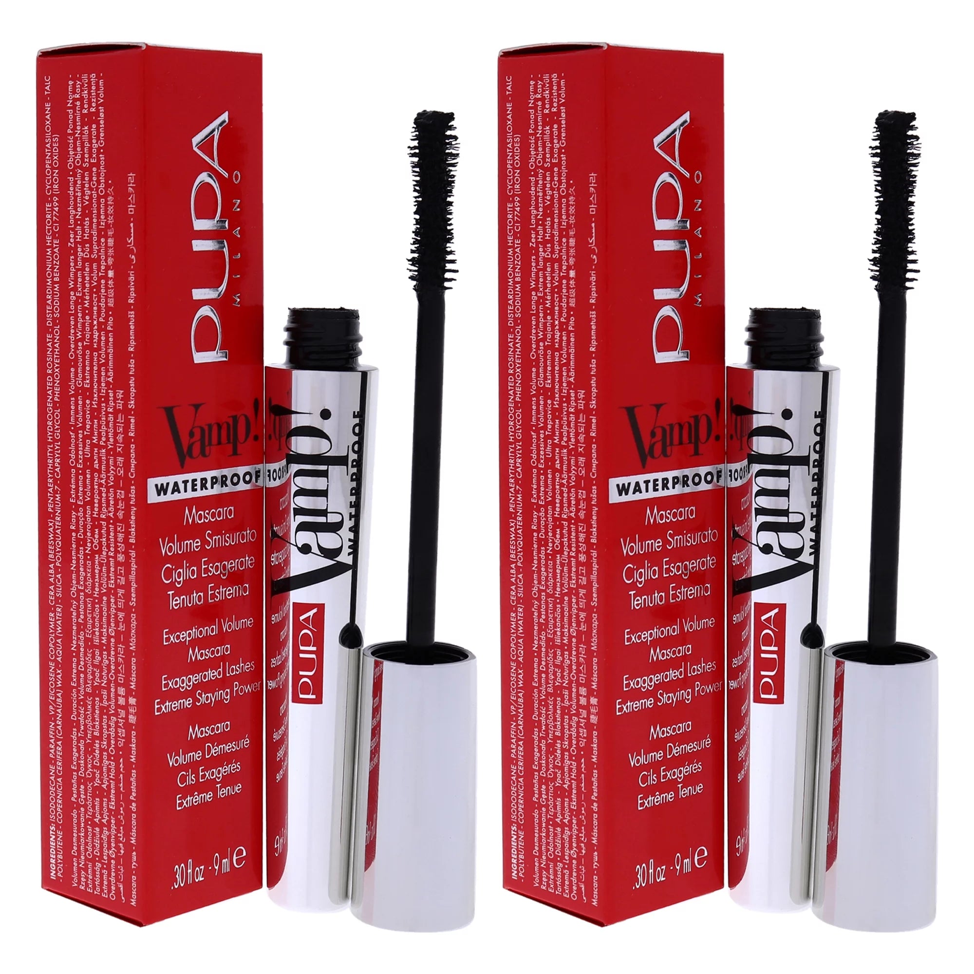 Pupa Milano Vamp! Waterproof Mascara - 001 Extra Black - Pack of 2 - 0.30 oz Mascara