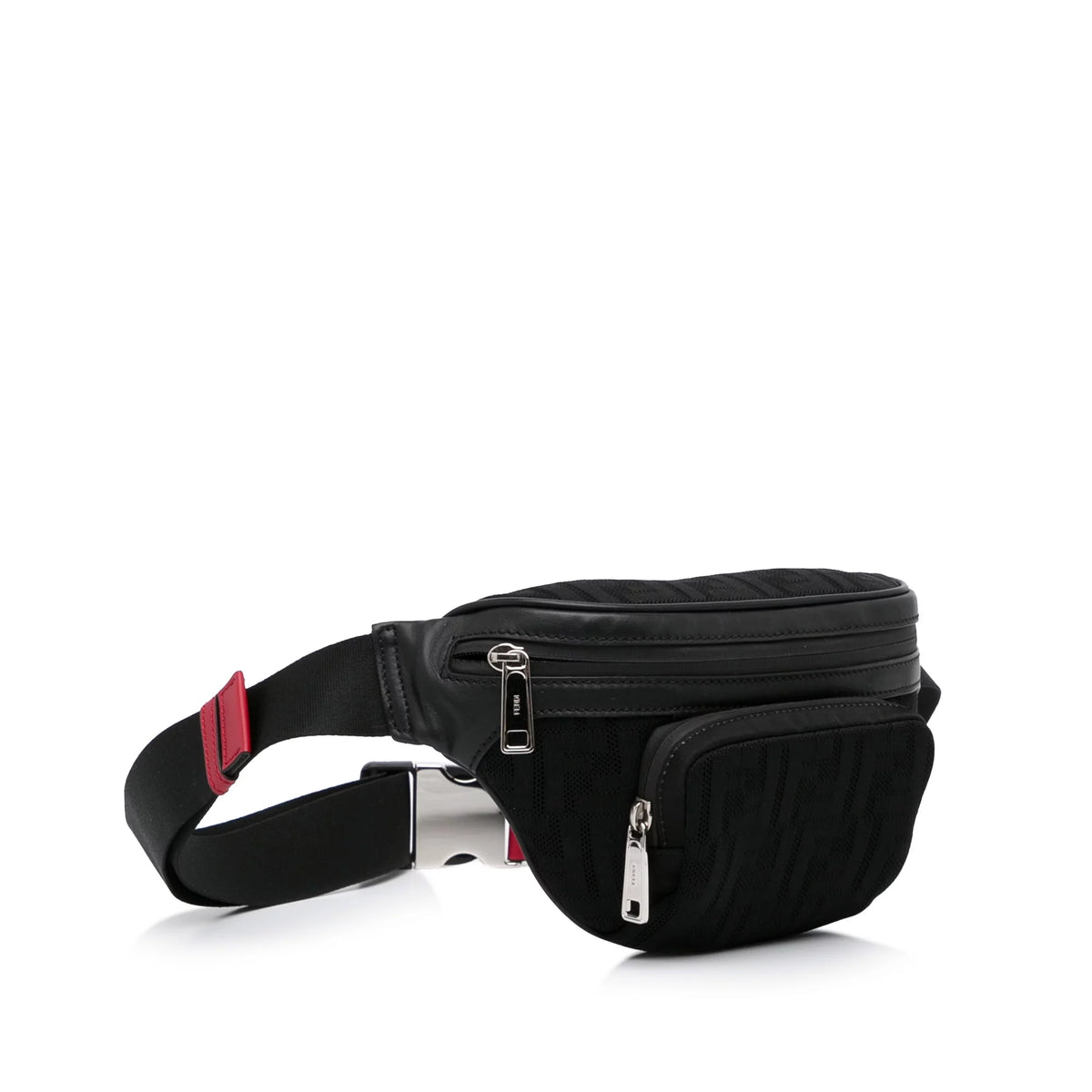 Used Authenticated Fendi FF Neoprene Vitello Grace Perforated Pocket Belt Bag Knit Fabric Black Unisex (Good)