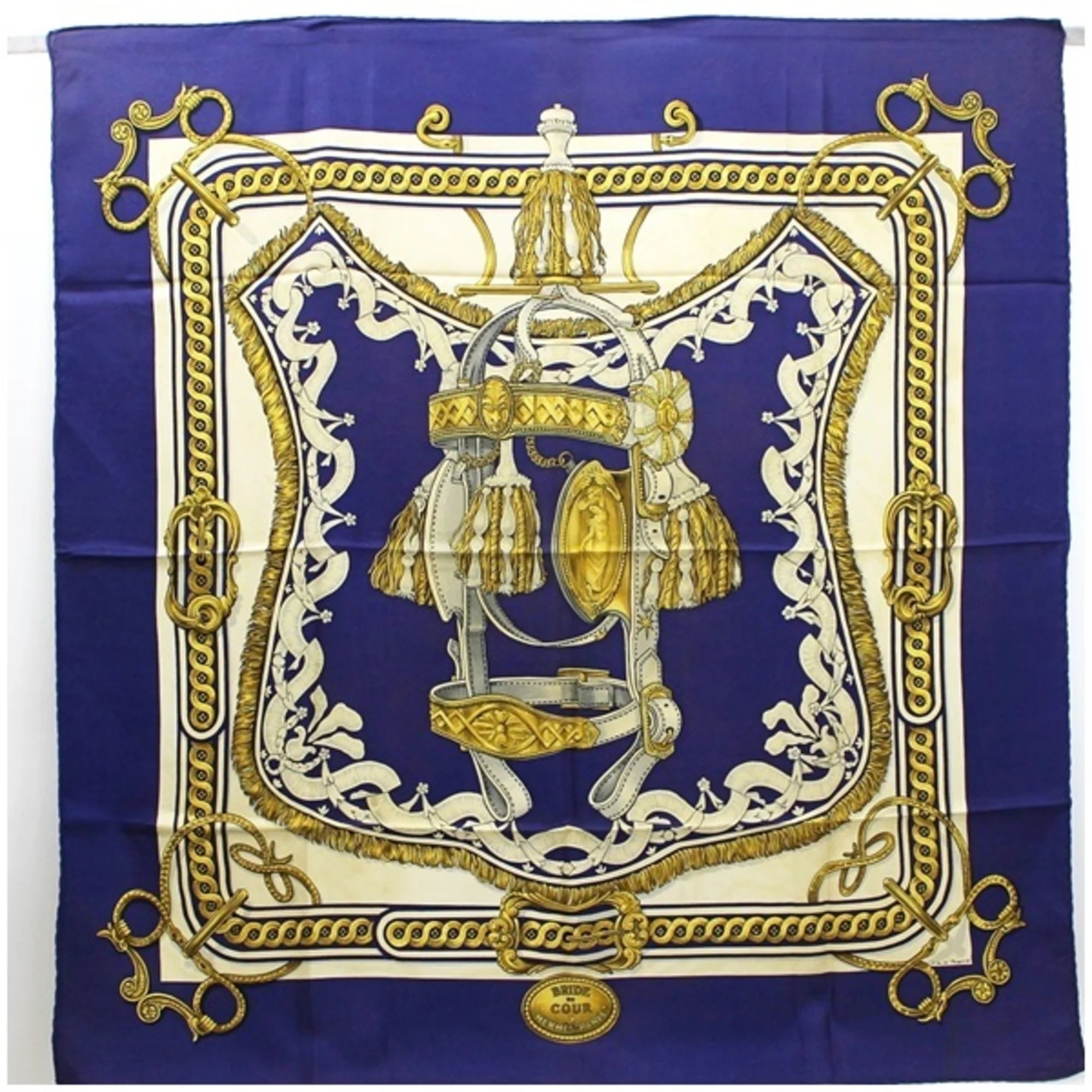 Secondhand Hermes Scarf Muffler Carre 90 BRIDE DE COUR Navy HERMES Ladies (Fair)