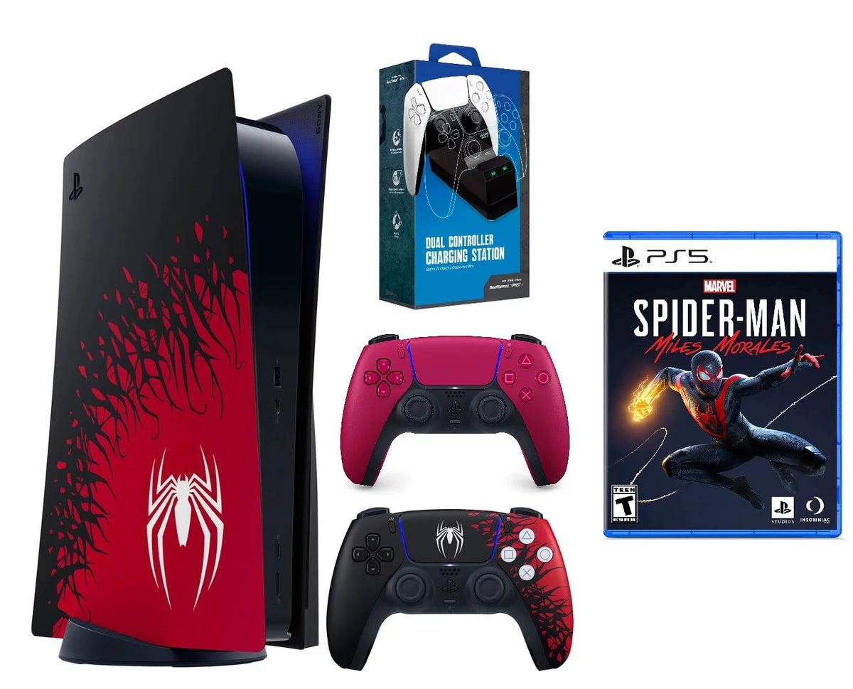 Sony PlayStation 5 Console – Marvel’s Spider-Man 2 Bundle With DualSense Red Controller, Miles Morales Game, & Dual Charger