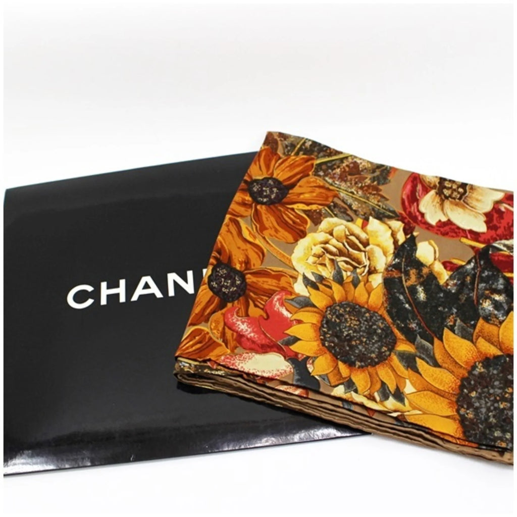 Previously Owned Chanel Silk Scarf Muffler Coco Mark Sunflower. Bird. Brown CHANEL Ladies (New)
