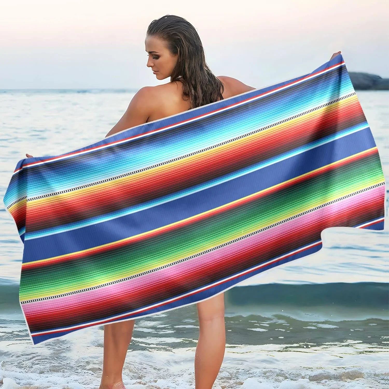 Bestwell Mexican Serape Blanket Stripes Beach Towel Oversized Towel Blanket, Thin Lightweight Microfiber Sand Free Quick Dry Towel, 30”X60” Multipurpose Pool Bath Yoga Swim Shower Towel