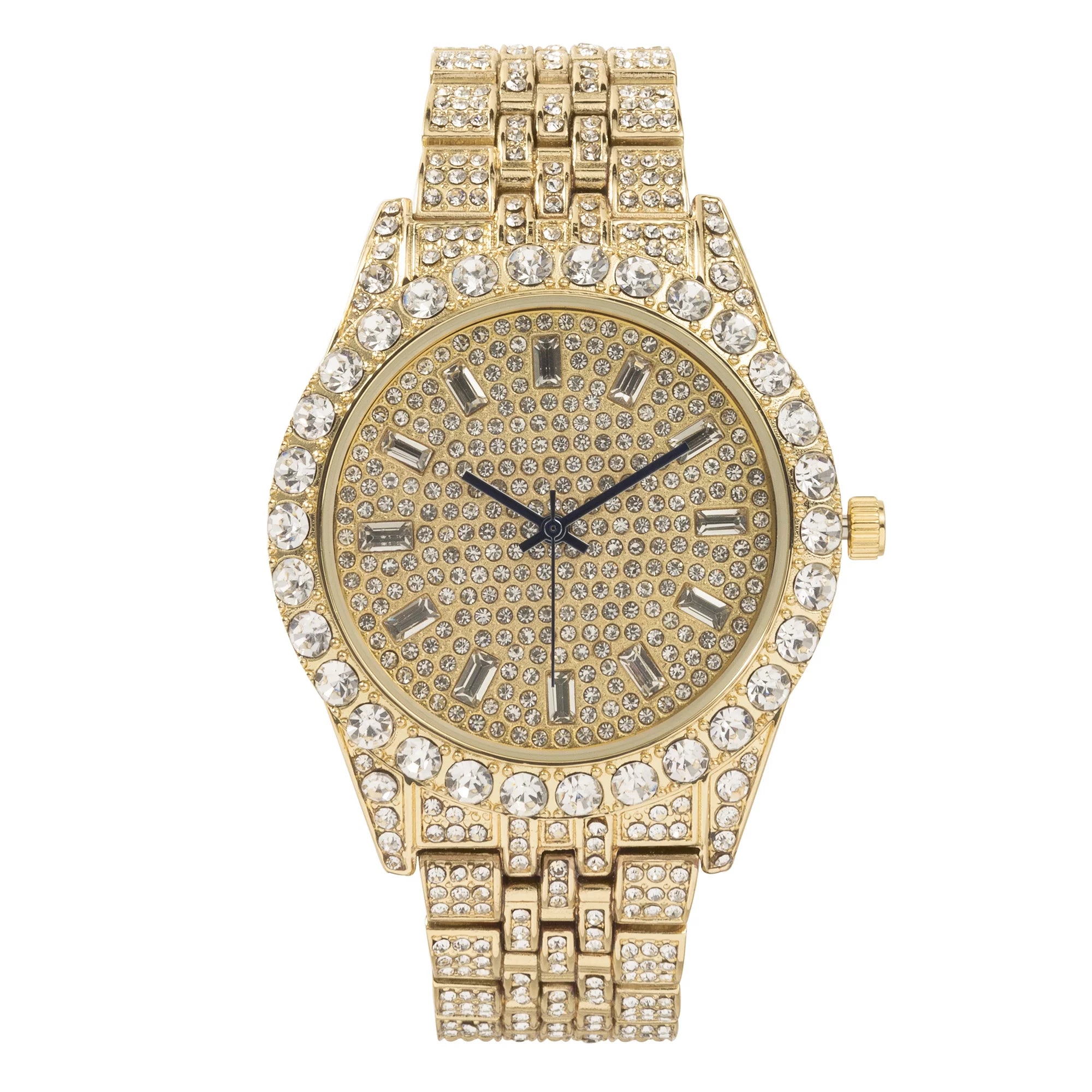 Charles Raymond Mens Hip Hop Metal Timepiece - Big Rhinestones on Trim and Elegant Baguette Time Indicators on Dial - Master Blinged Out Designer Look - ST10226 BGS Single (Gold Gold)