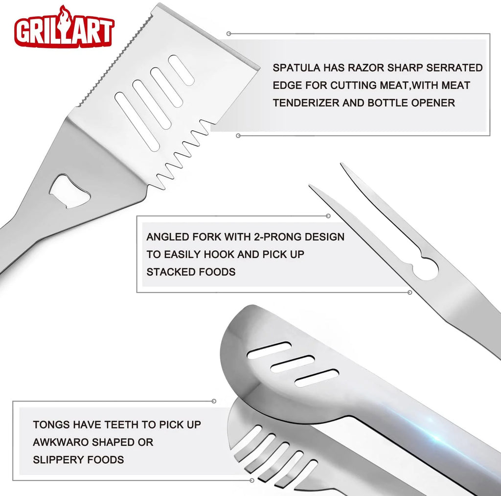 BBQ Grill Utensil Tools Set Reinforced BBQ Tongs 19-Piece Corrosion-free-Alloy Barbecue Grilling Accessories with Aluminum Storage Case -Complete Outdoor Grill Kit for Dad, Birthday Gift for Man