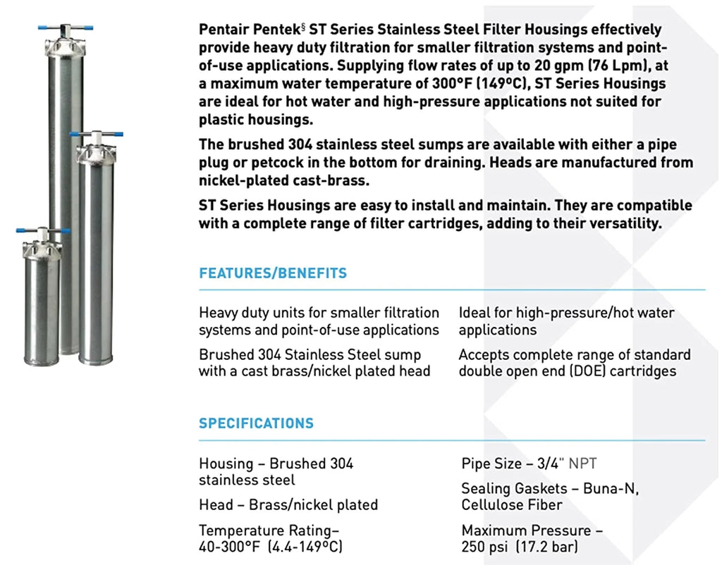 Pentek 156017-02 ST-1 34 Corrosion-free Metal Filter Housing