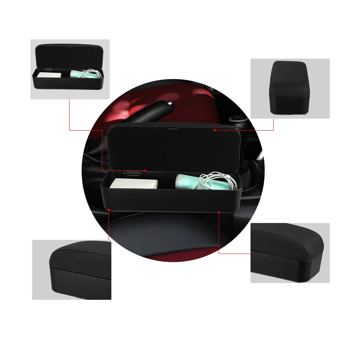 Car Center Armrest Box Seat Gap Adjustable Armrest Storage Organizer Box Armrest Black PU Leather with Black Line
