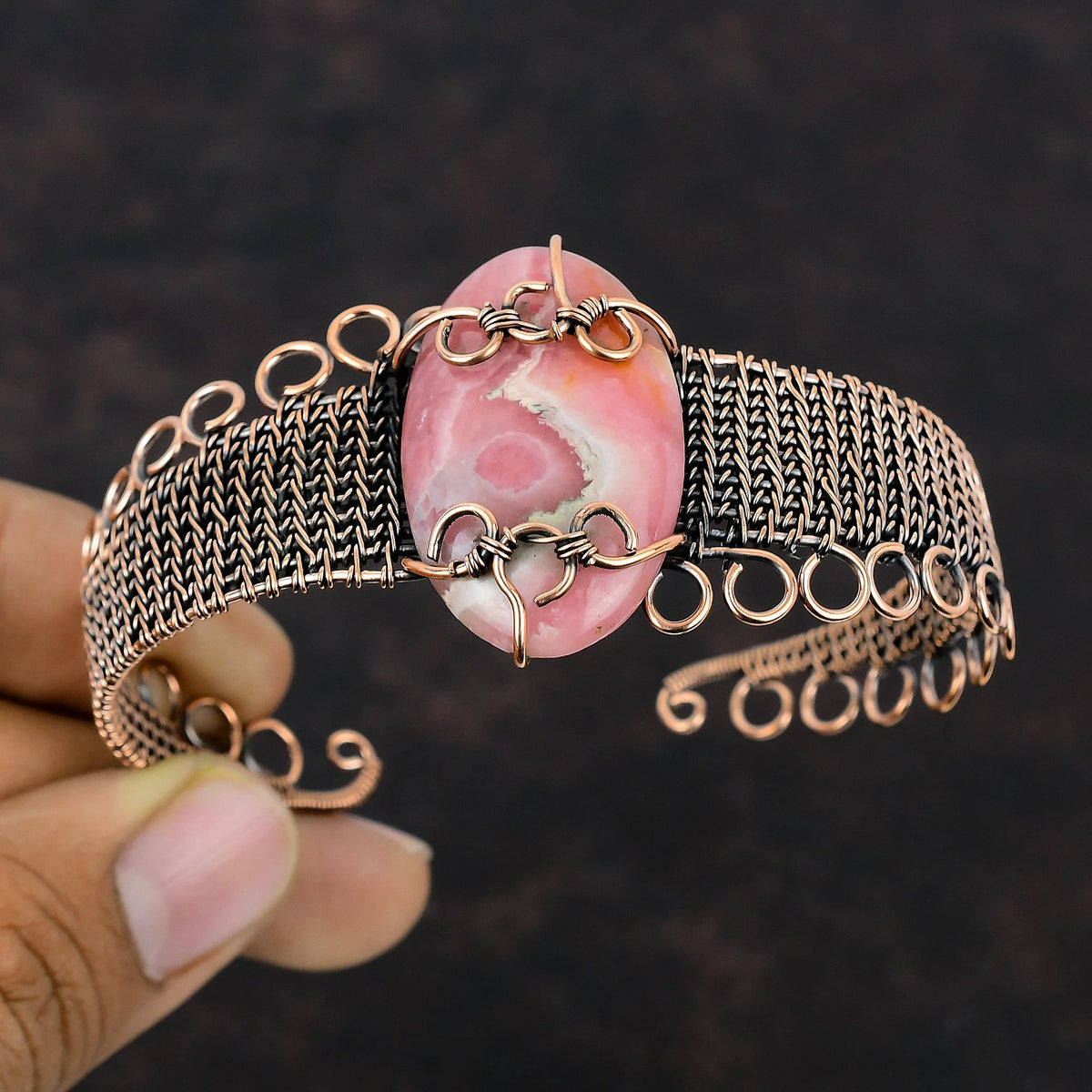 Rhodochrosite Gemstone Cuff Bracelet Adjustable Bangle Copper Wire Wrap Jewelry