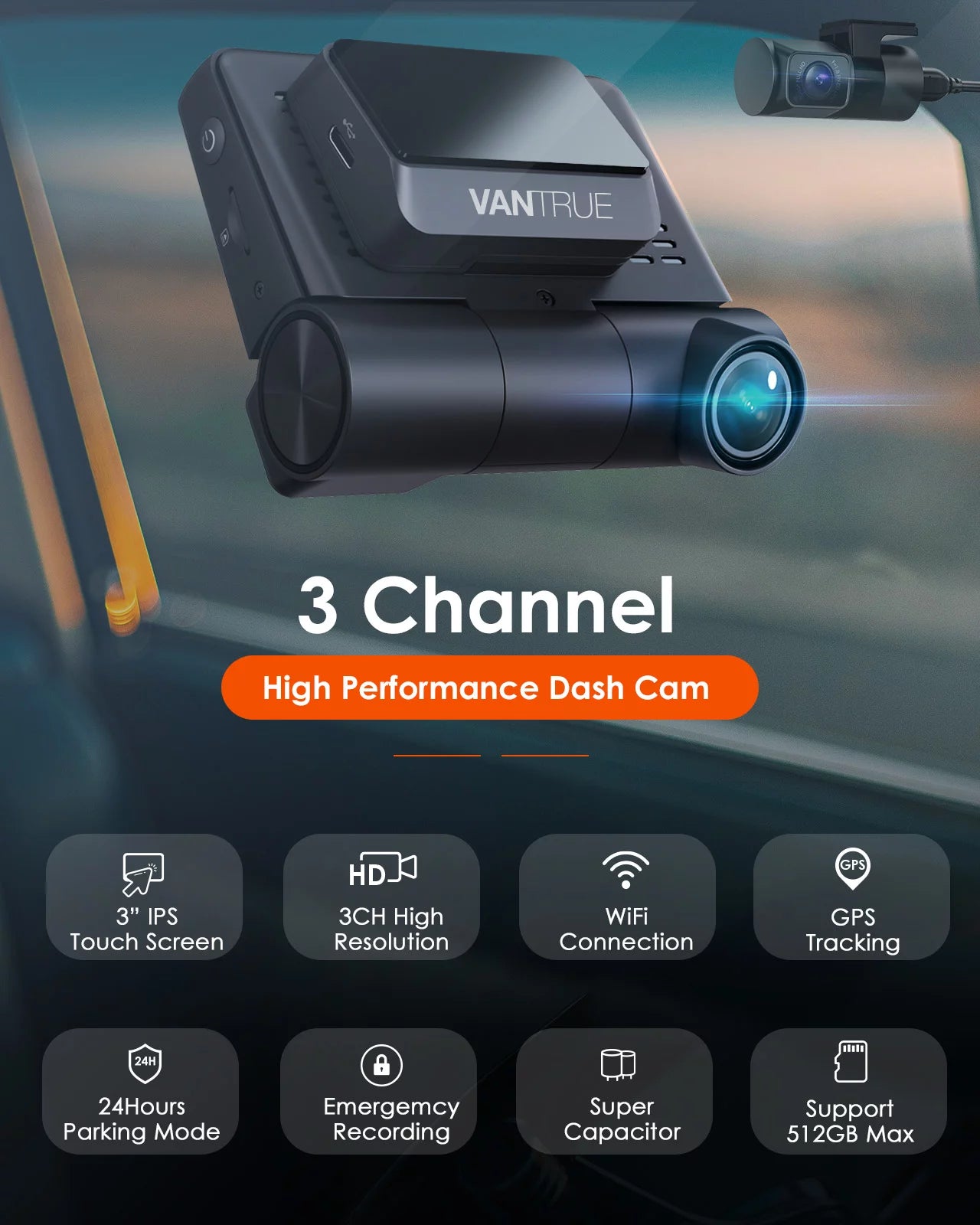 Vantrue S2 3 Channel 2K Front+1080P Interior +1080P Rear  30FPS WiFi Dash Cam, 3 inch Touchable IPS Screen Car Camera with Nearly 360° Wide Angle, GPS built in, 24h Parking Monitor, Supercapacitor