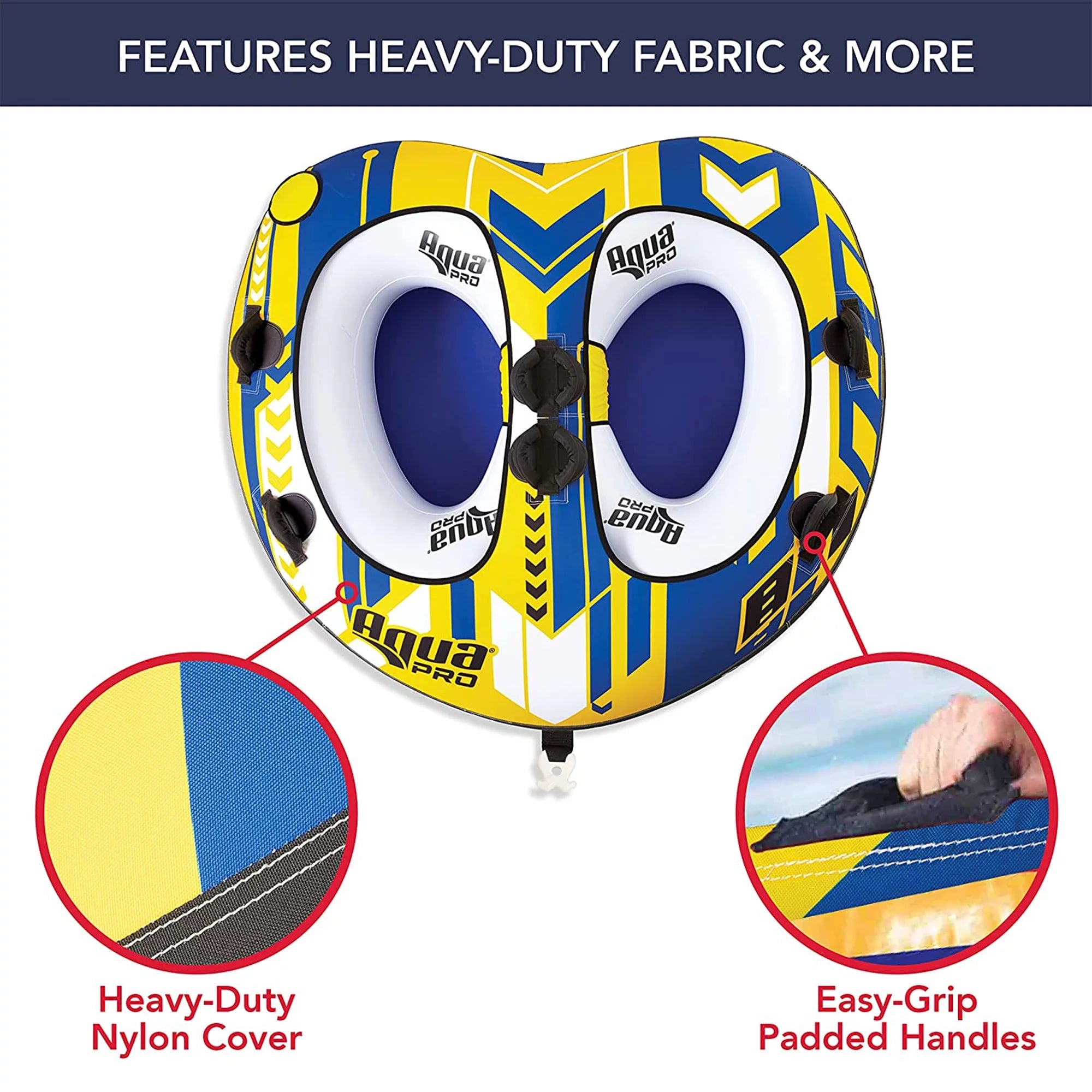 AquaPro Heavy Duty Nylon Deck Style Towable 2 Person Rider, Yellow & Blue
