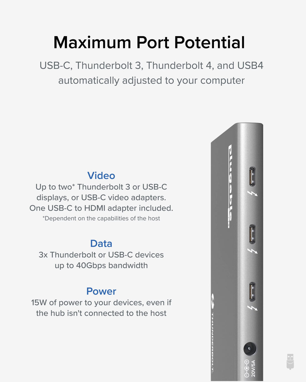 Plugable 5-in-1 Thunderbolt 4 Hub with 60W Charging, Single 8K or Dual 4K Display, Compatible with Thunderbolt USB4 Macs and Thunderbolt 4 / USB4 Windows (1x USB-C to HDMI Adapter)