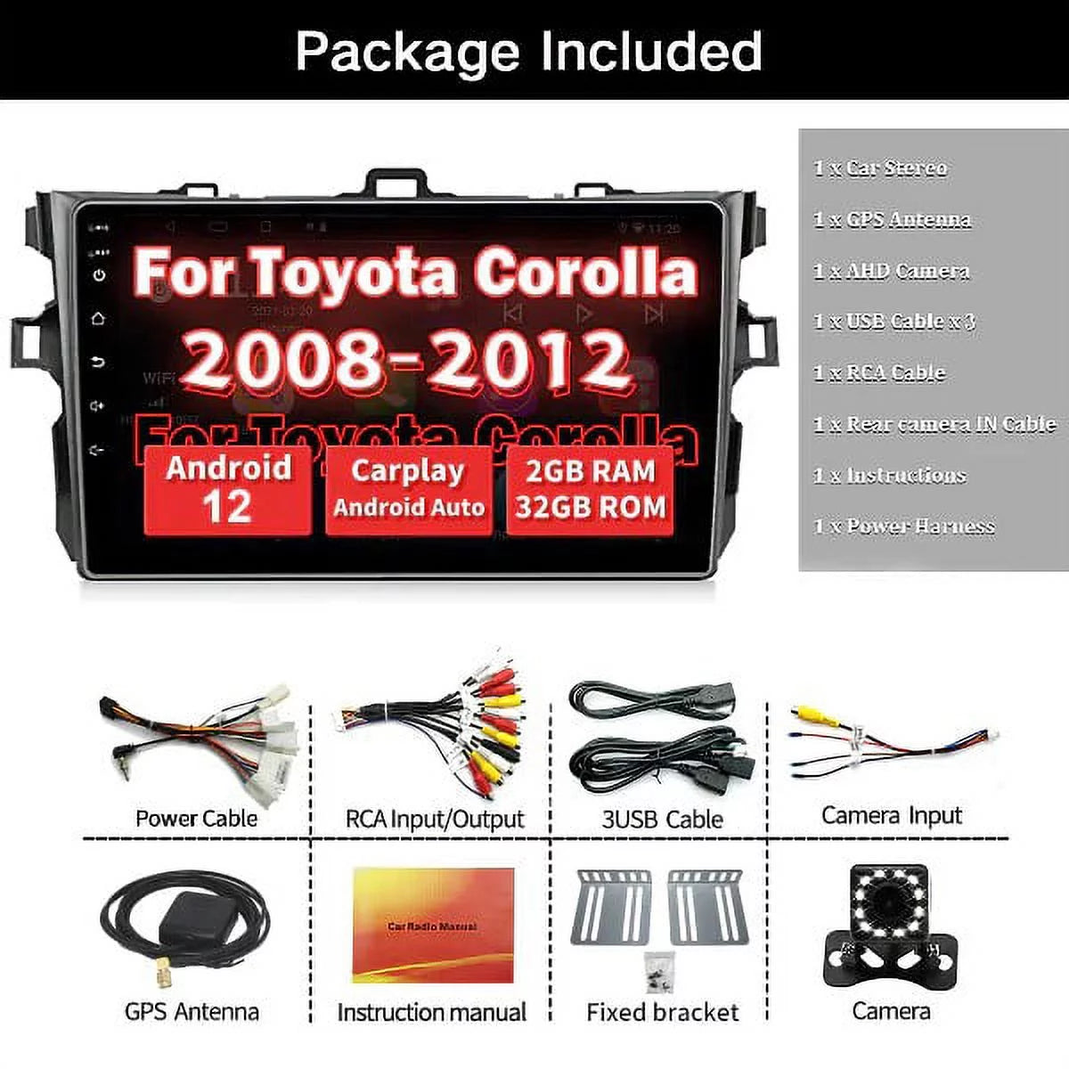 Binize Car Stereo for Toyota Corolla 08-12 Android 12 Compatible with CarPlay&Android Auto,9 Inch Touch Screen Double Din Car Radio Support Bluetooth, GPS Navigation, FM&AM, Backup Camera