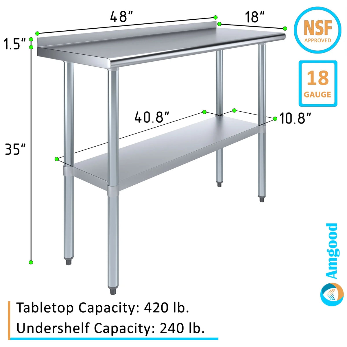 AmGood 18" X 48" Rust-resistant Metal Work Table with 1.5" Backsplash | Metal Kitchen Food Prep Table | NSF