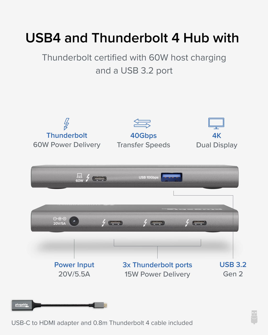 Plugable 5-in-1 Thunderbolt 4 Hub with 60W Charging, Single 8K or Dual 4K Display, Compatible with Thunderbolt USB4 Macs and Thunderbolt 4 / USB4 Windows (1x USB-C to HDMI Adapter)