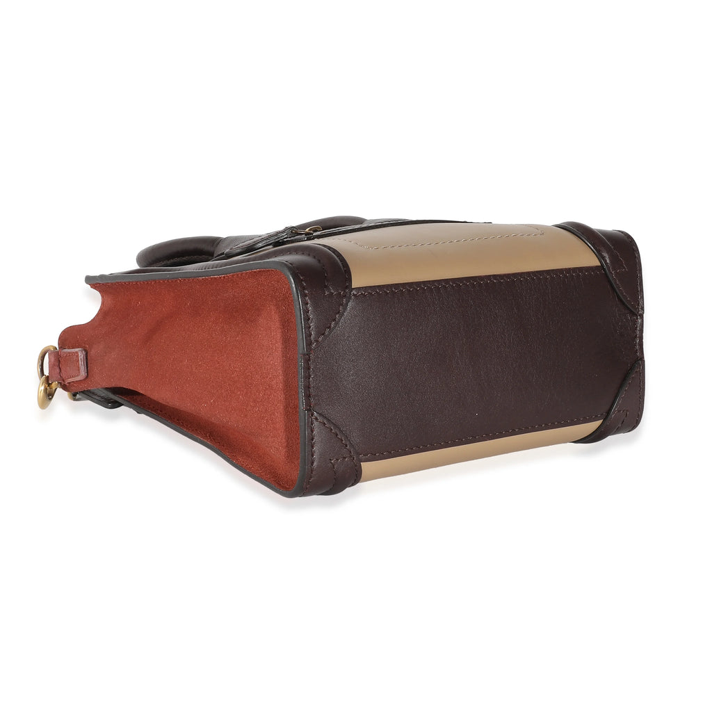 Celine Burgundy Beige Brown Tri-Colour Suede Leather Nano Luggage Secondhand