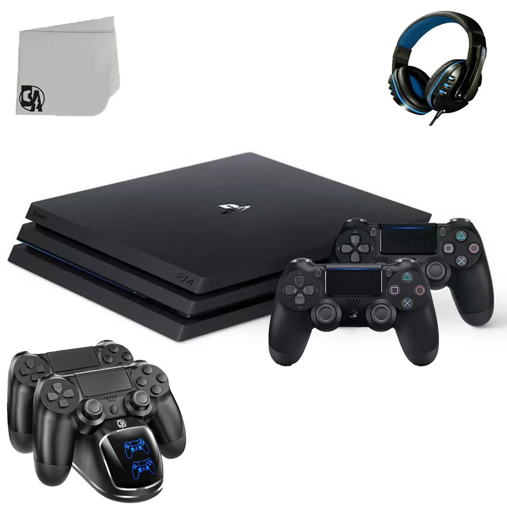 Sony PlayStation 4 Pro 1TB Gaming Console Black with Charging Dock Headset 2 Controller Bolt Axtion Like New